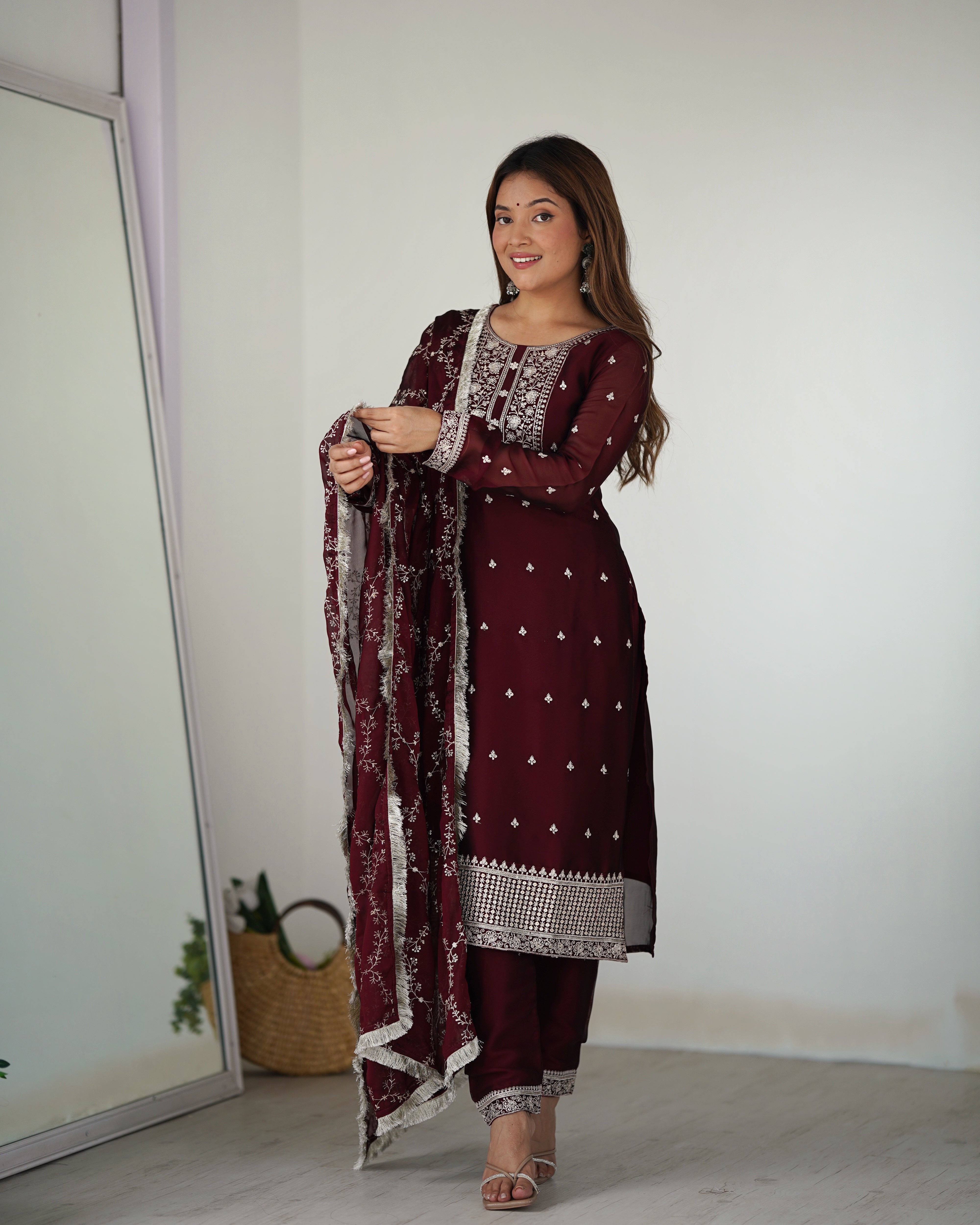 Maroon Blooming Rangoli Silk Kurta Set With Embroidery Sequence And Thread Work