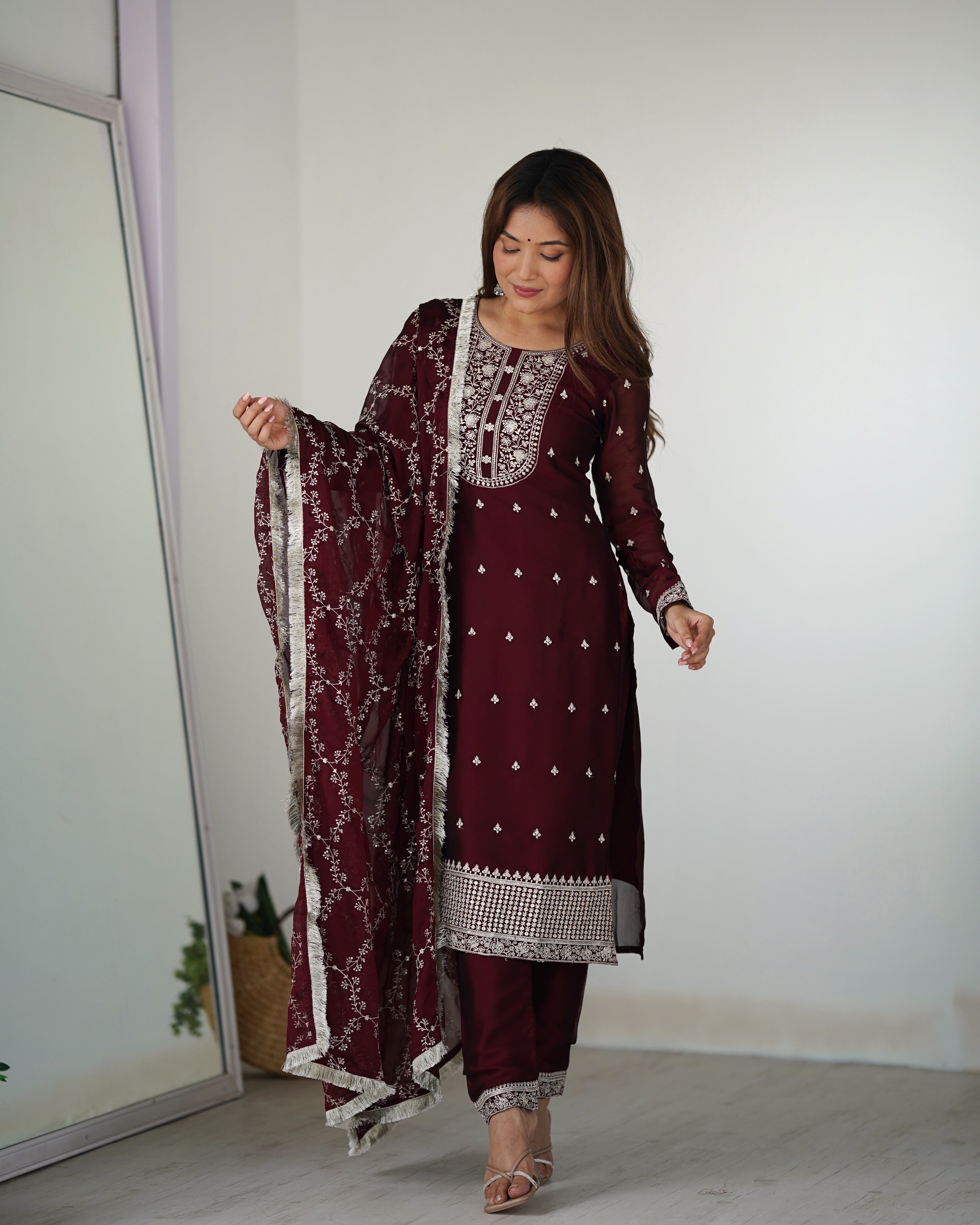Maroon Blooming Rangoli Silk Kurta Set With Embroidery Sequence And Thread Work