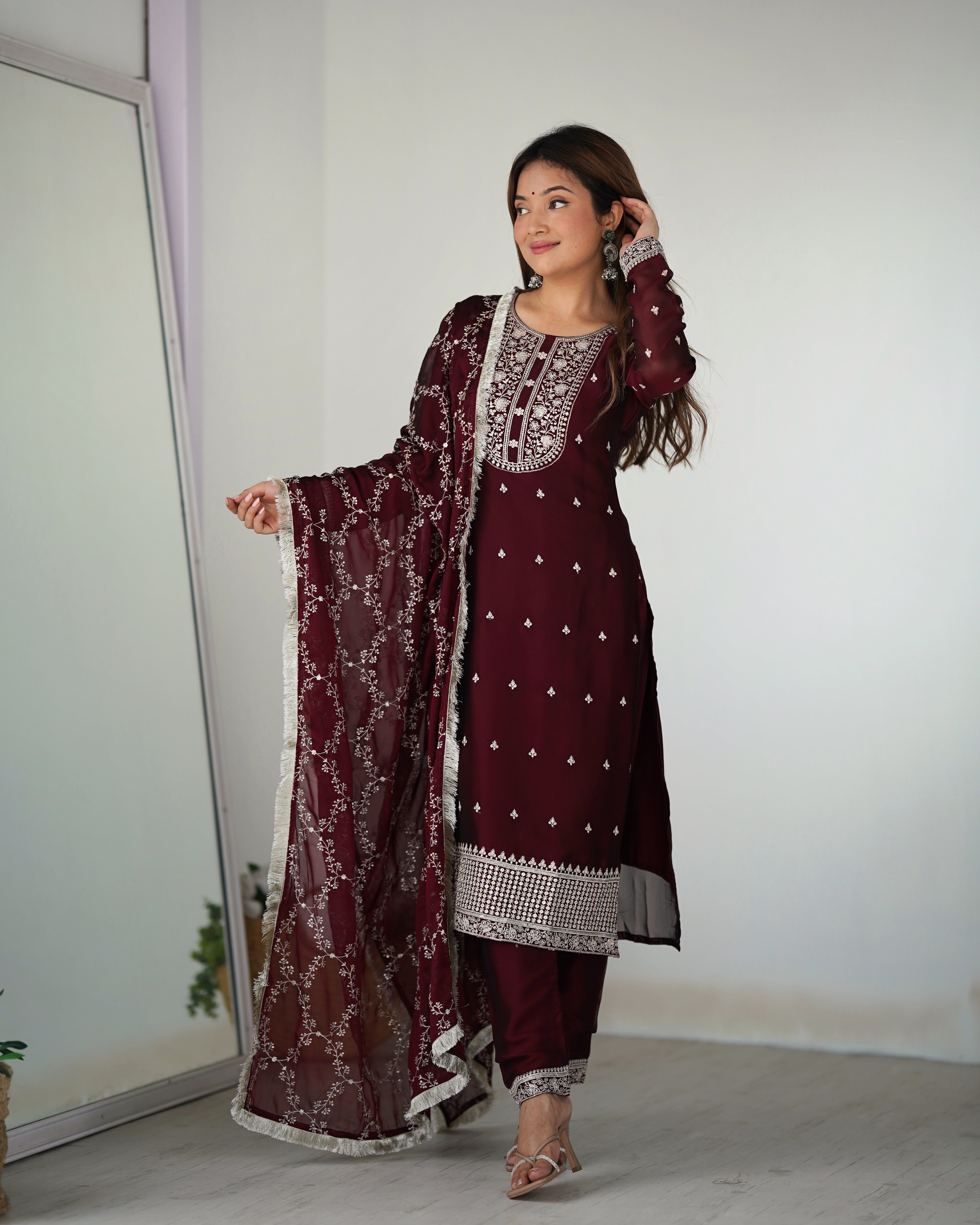 Maroon Blooming Rangoli Silk Kurta Set With Embroidery Sequence And Thread Work
