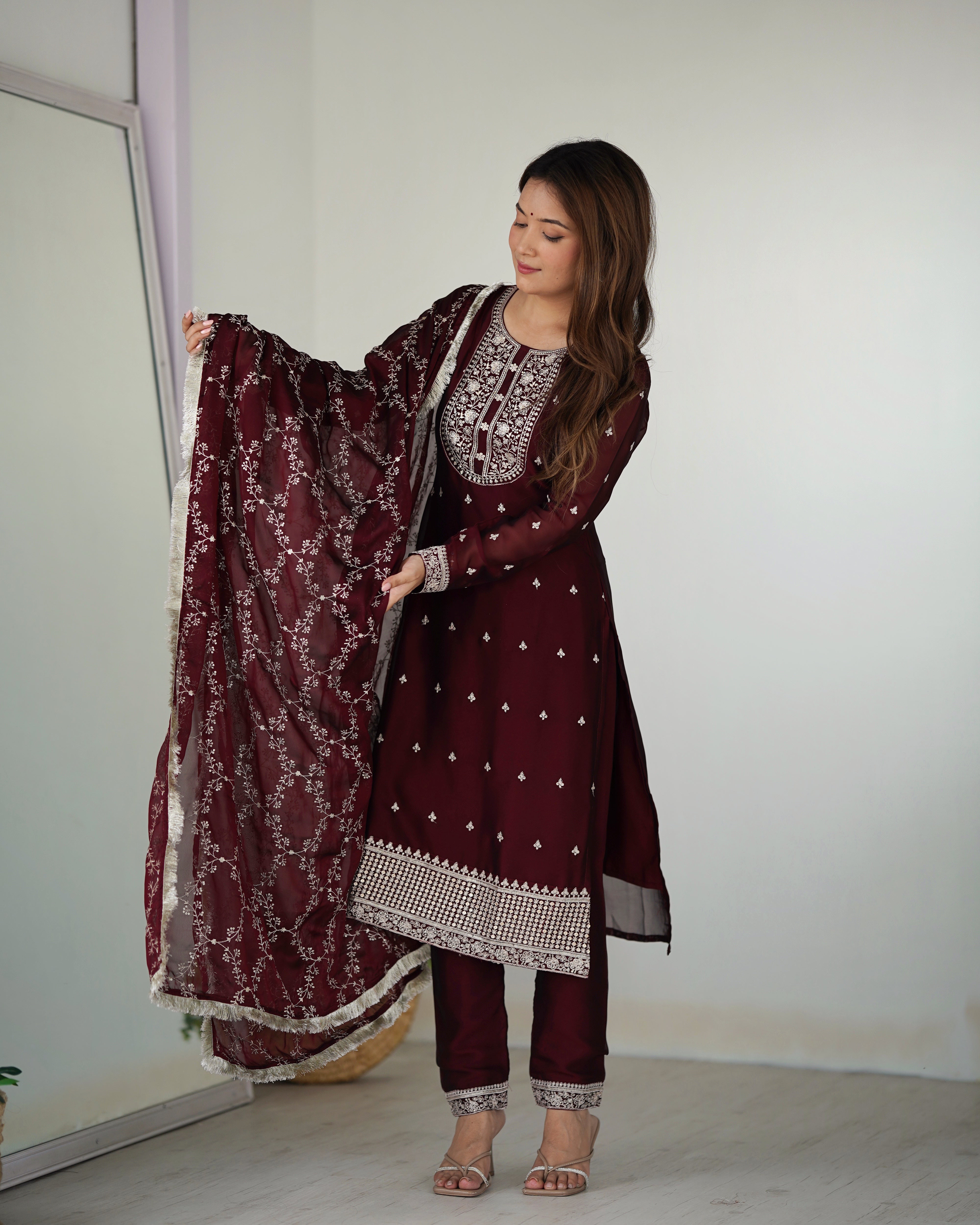 Maroon Blooming Rangoli Silk Kurta Set With Embroidery Sequence And Thread Work