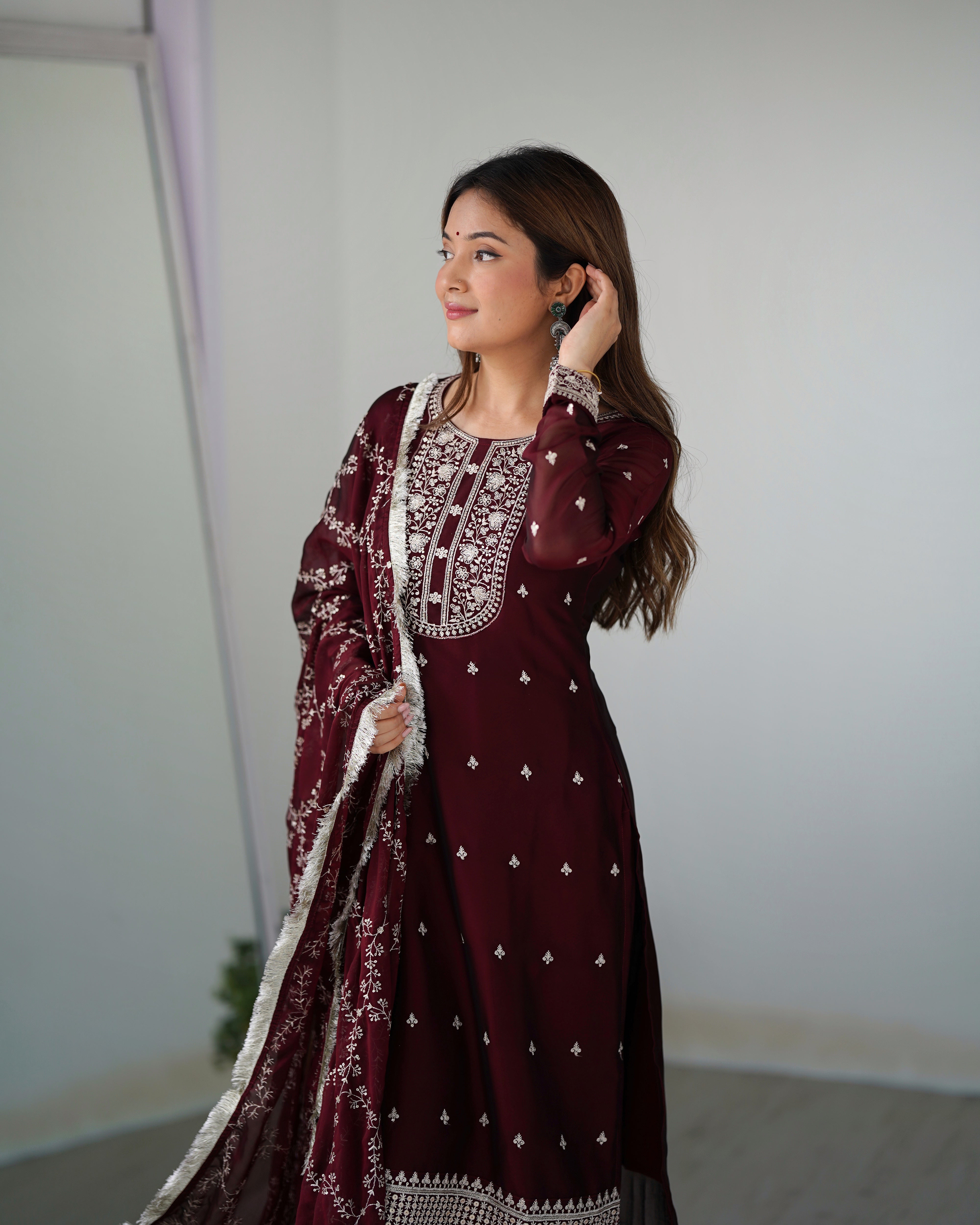 Maroon Blooming Rangoli Silk Kurta Set With Embroidery Sequence And Thread Work
