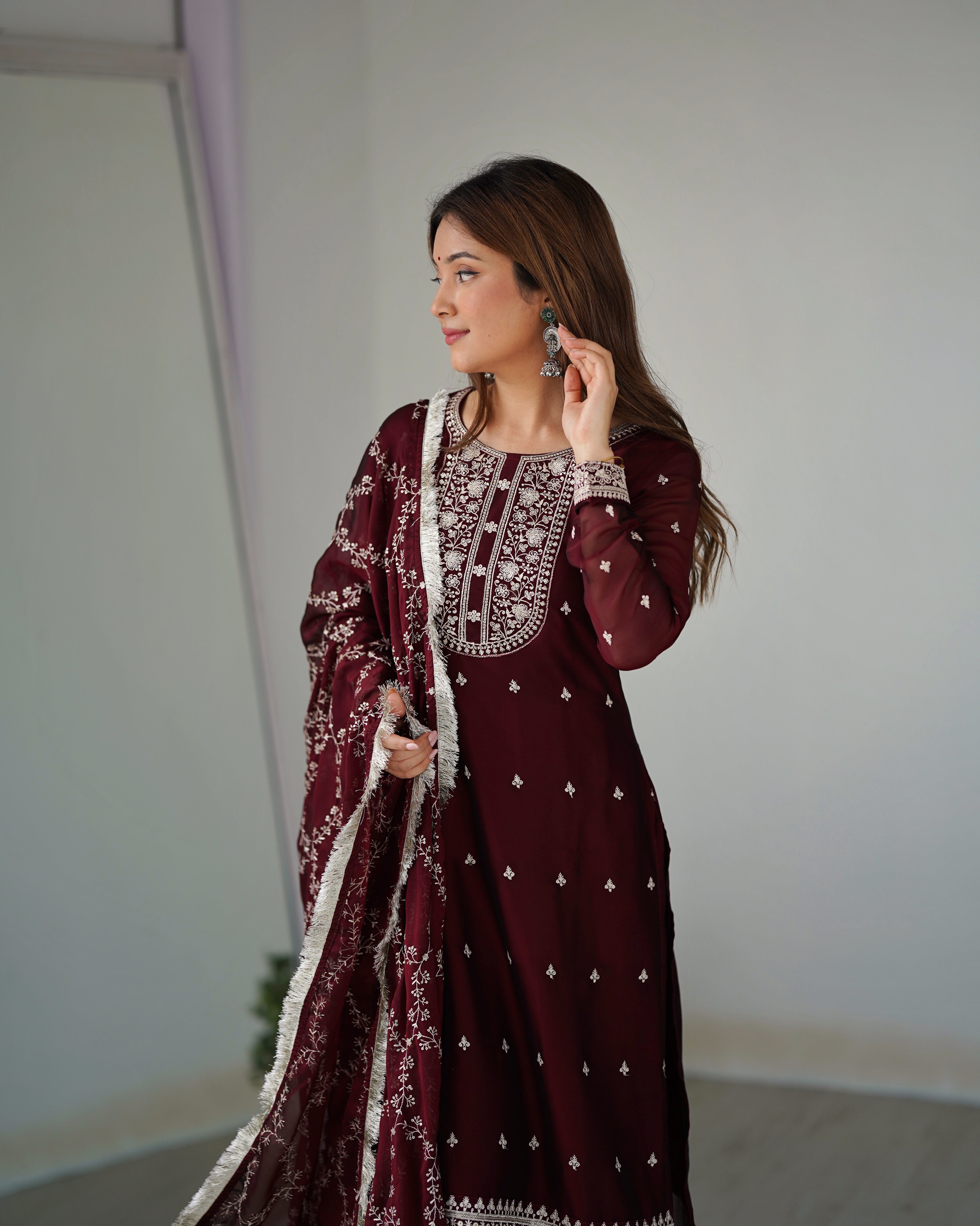 Maroon Blooming Rangoli Silk Kurta Set With Embroidery Sequence And Thread Work
