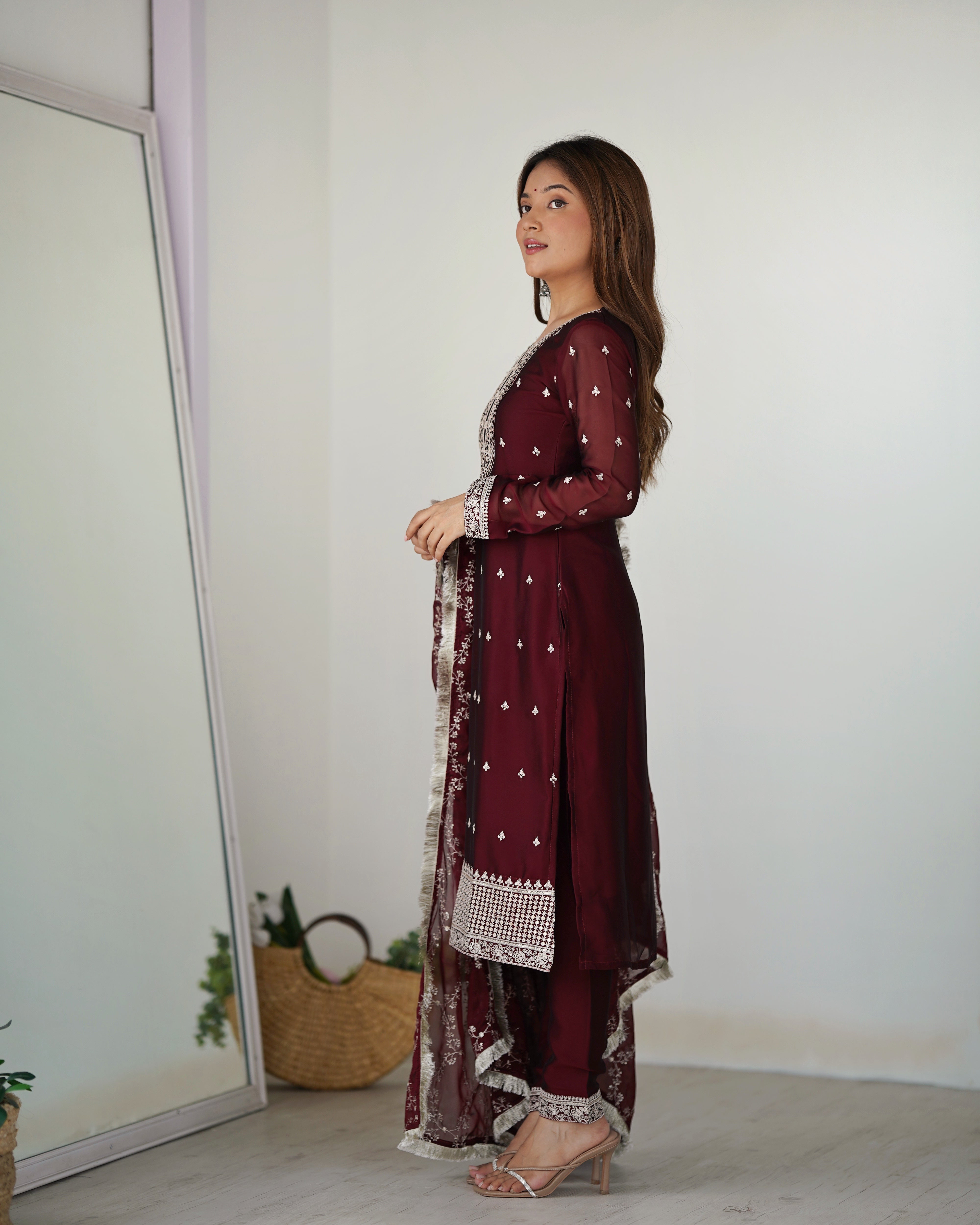 Maroon Blooming Rangoli Silk Kurta Set With Embroidery Sequence And Thread Work