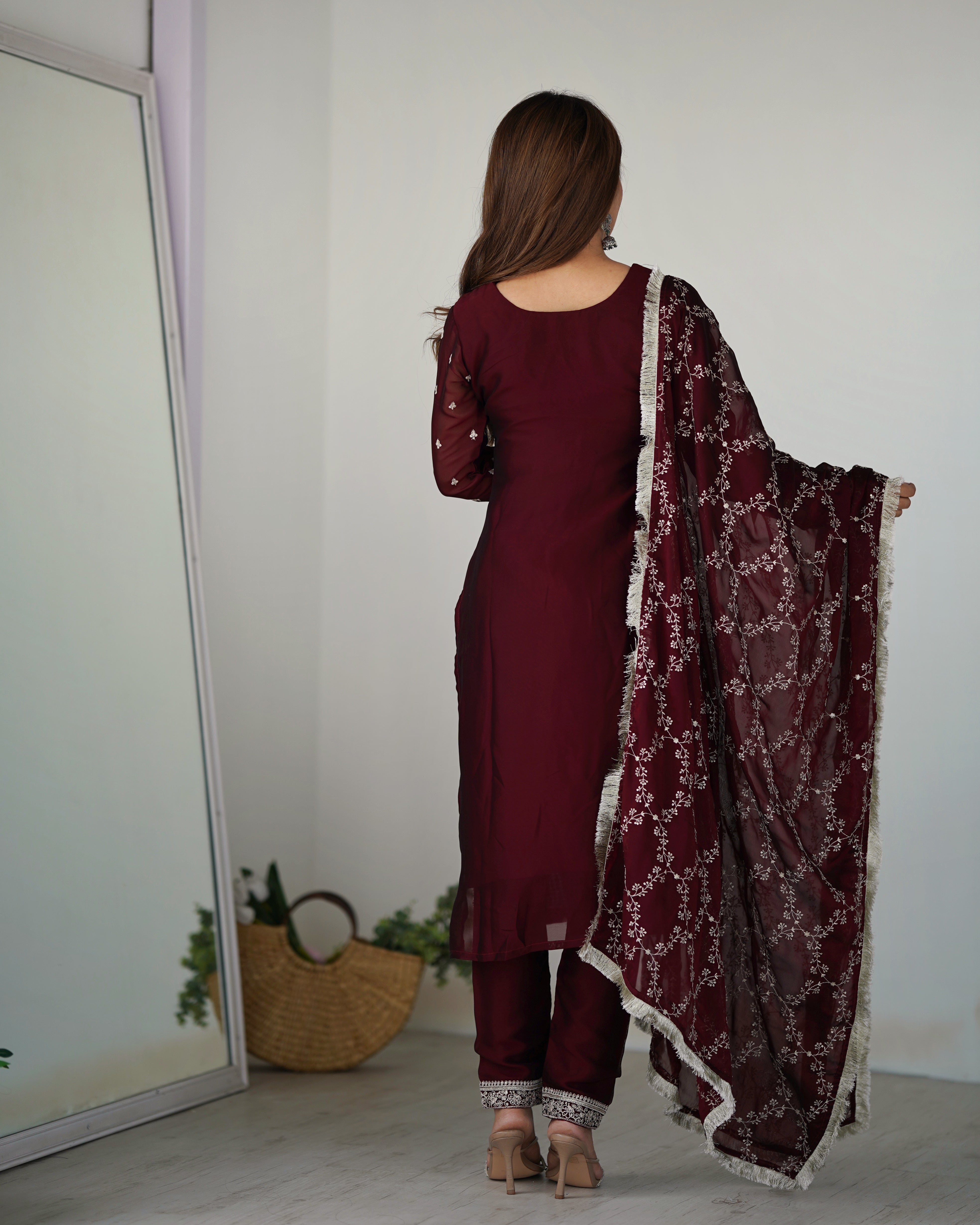 Maroon Blooming Rangoli Silk Kurta Set With Embroidery Sequence And Thread Work