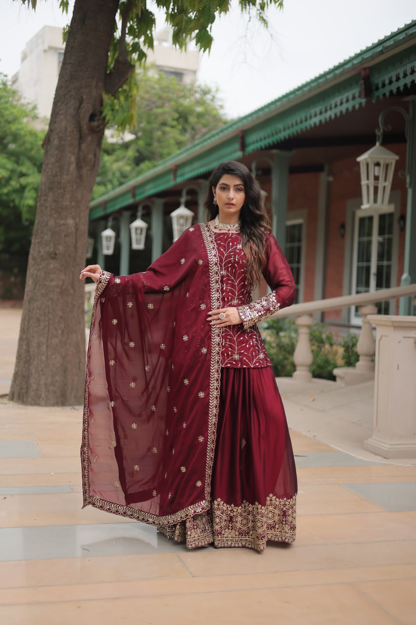 Maroon Jaal Embroidered Kurta Set