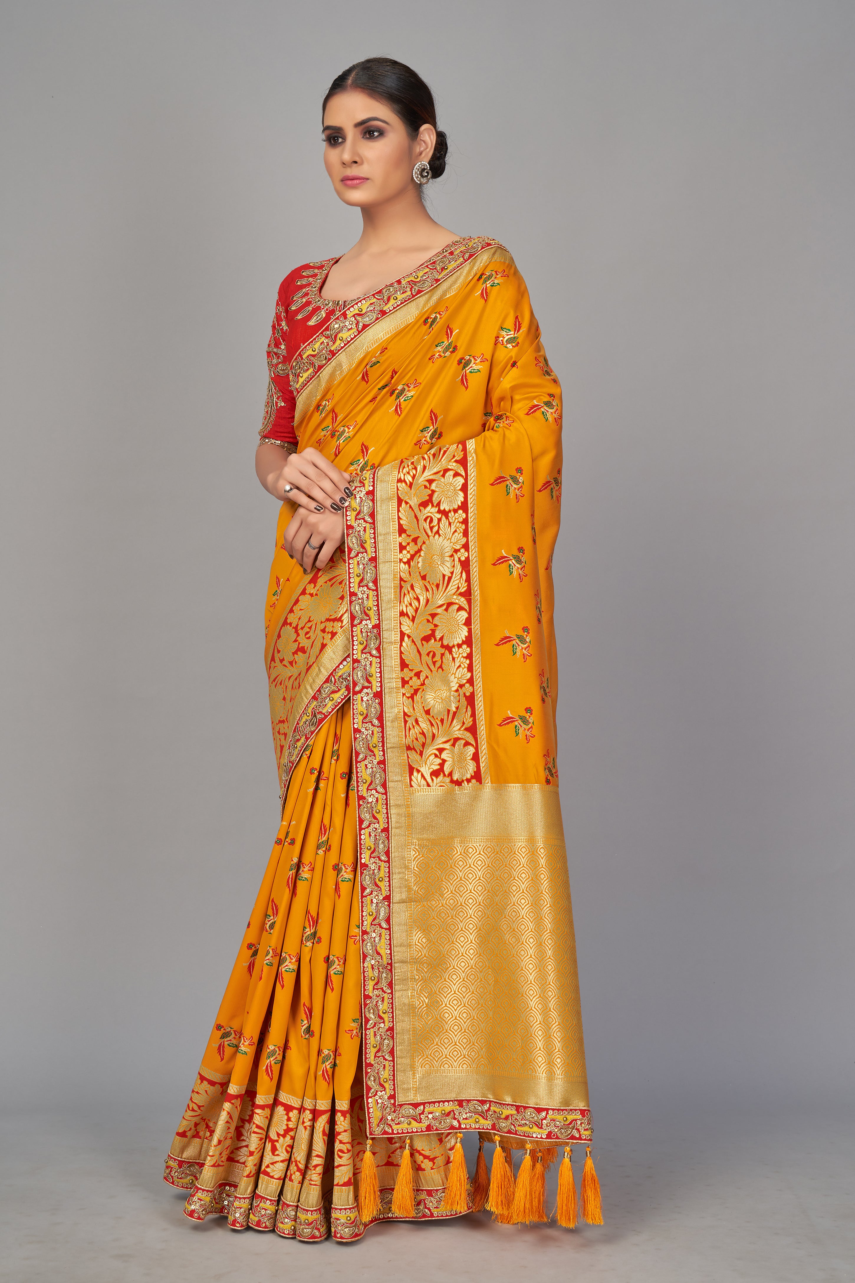 Amber Zari Work & Stone Work Kanjivaram Silk