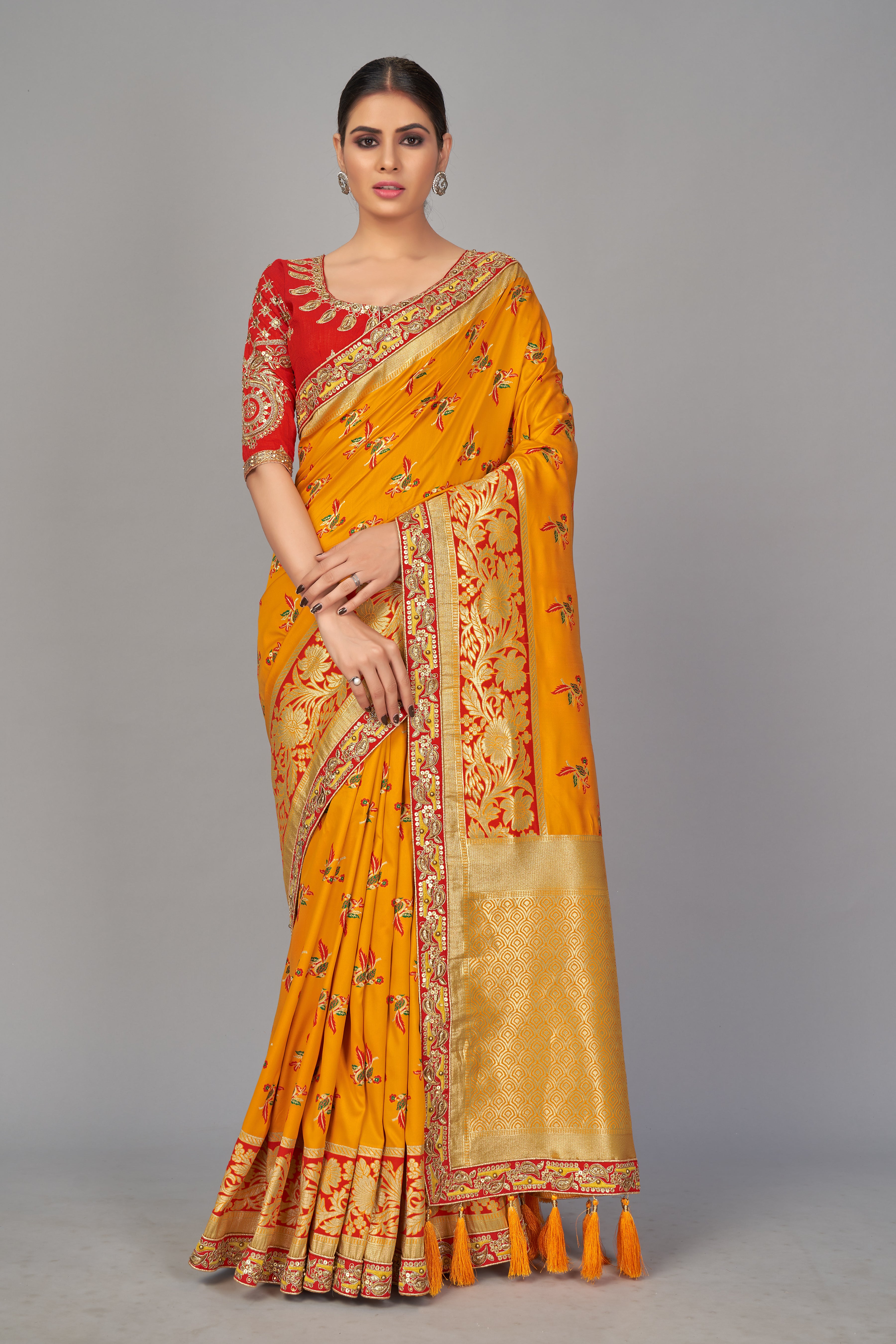 Amber Zari Work & Stone Work Kanjivaram Silk