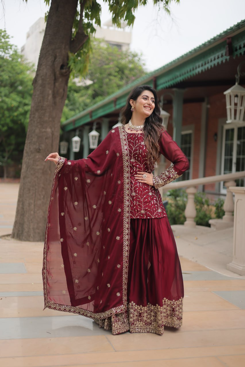 Maroon Jaal Embroidered Kurta Set