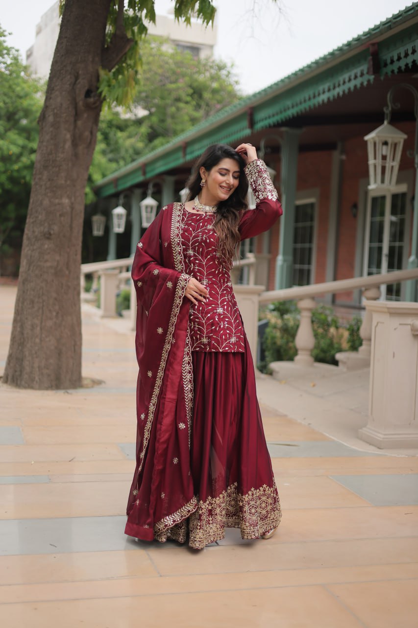 Maroon Jaal Embroidered Kurta Set