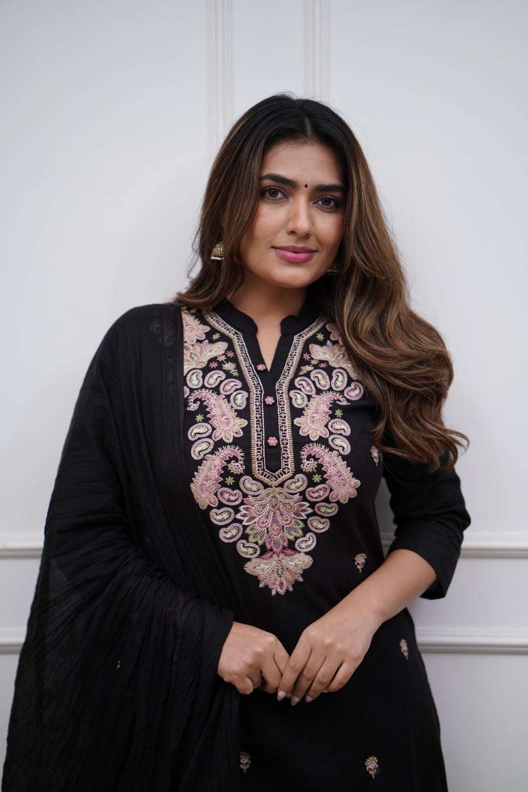 Black Embroidered Straight Kurta Set