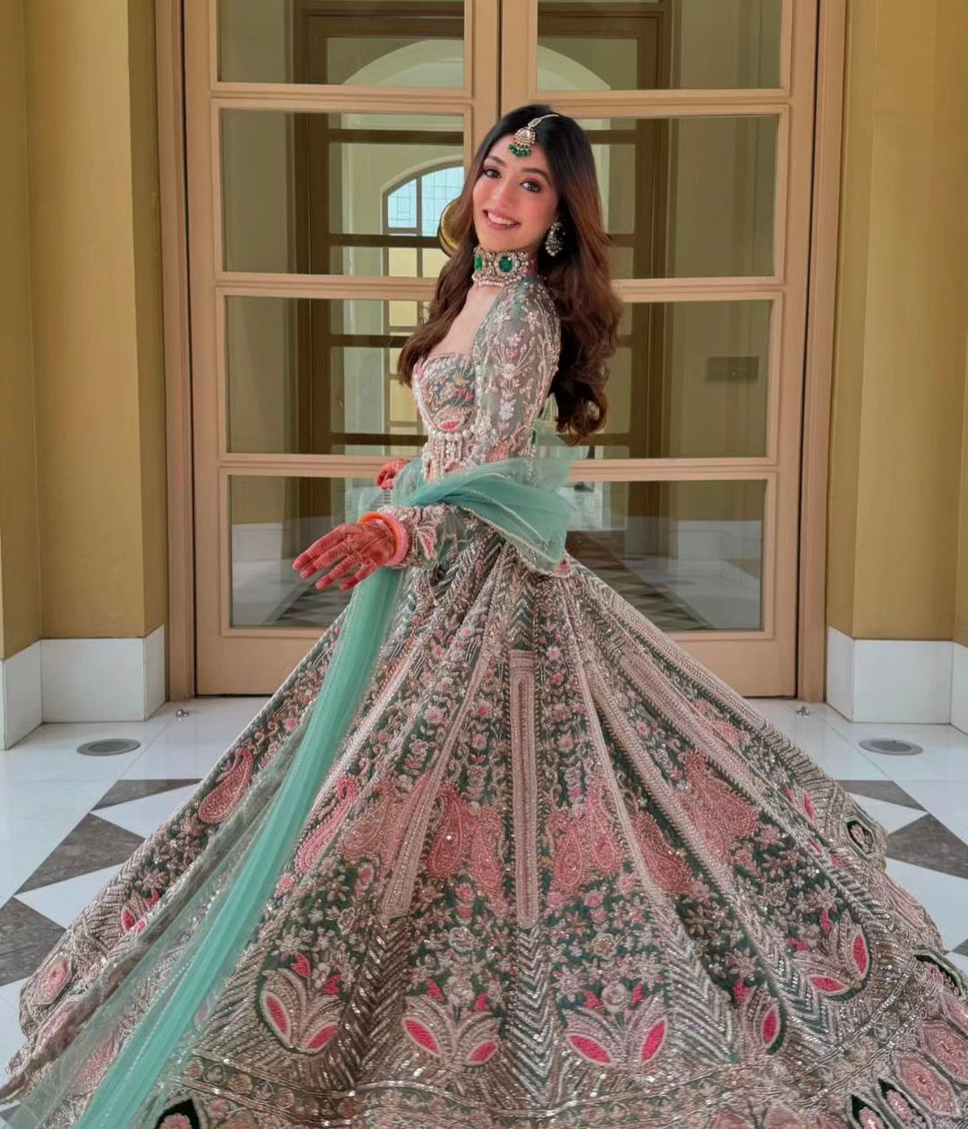 Sage Green Silk Lehenga with Pearl Work