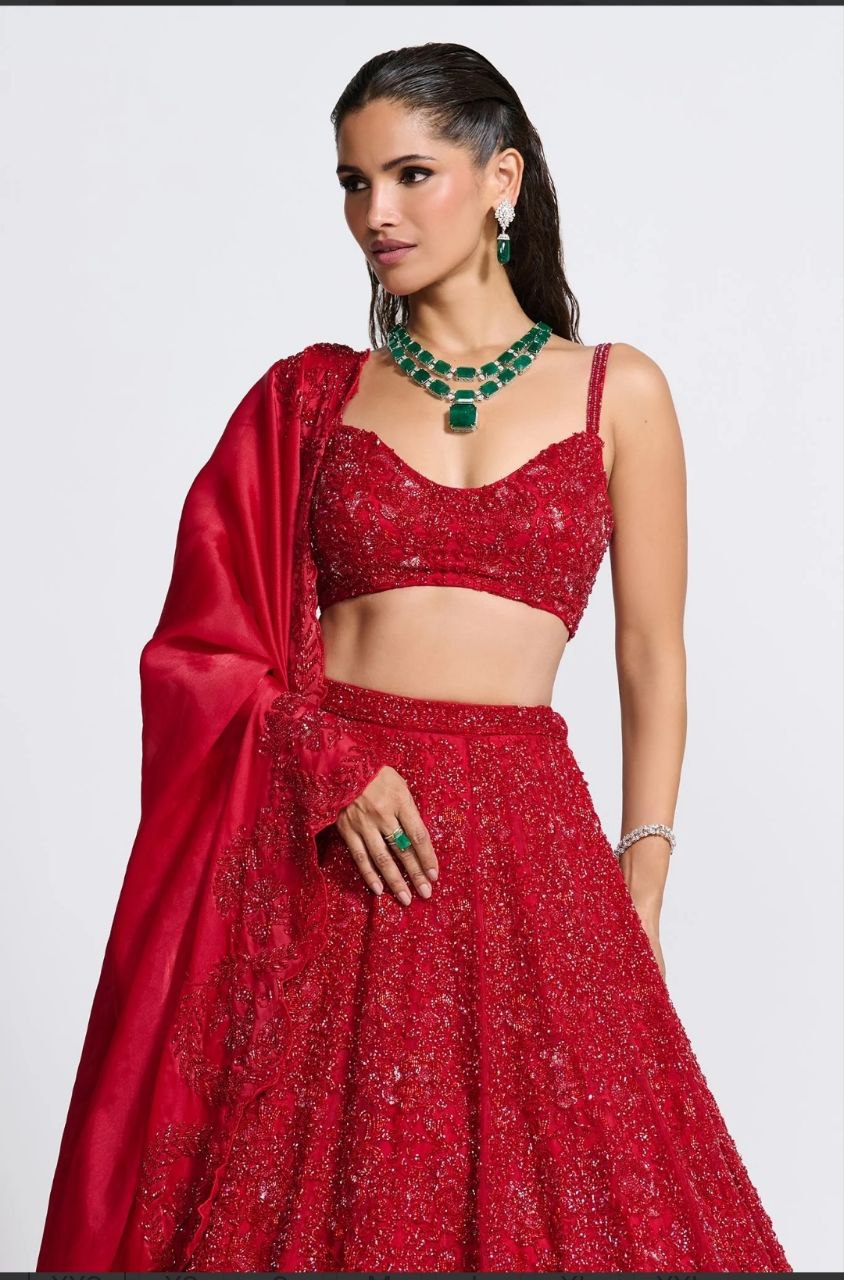 Red Silk Sequin work Lehenga