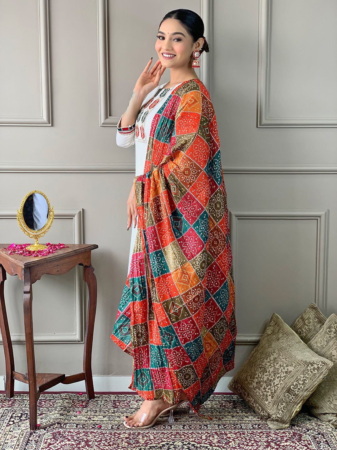 Off White Viscose Embroidered Kurta