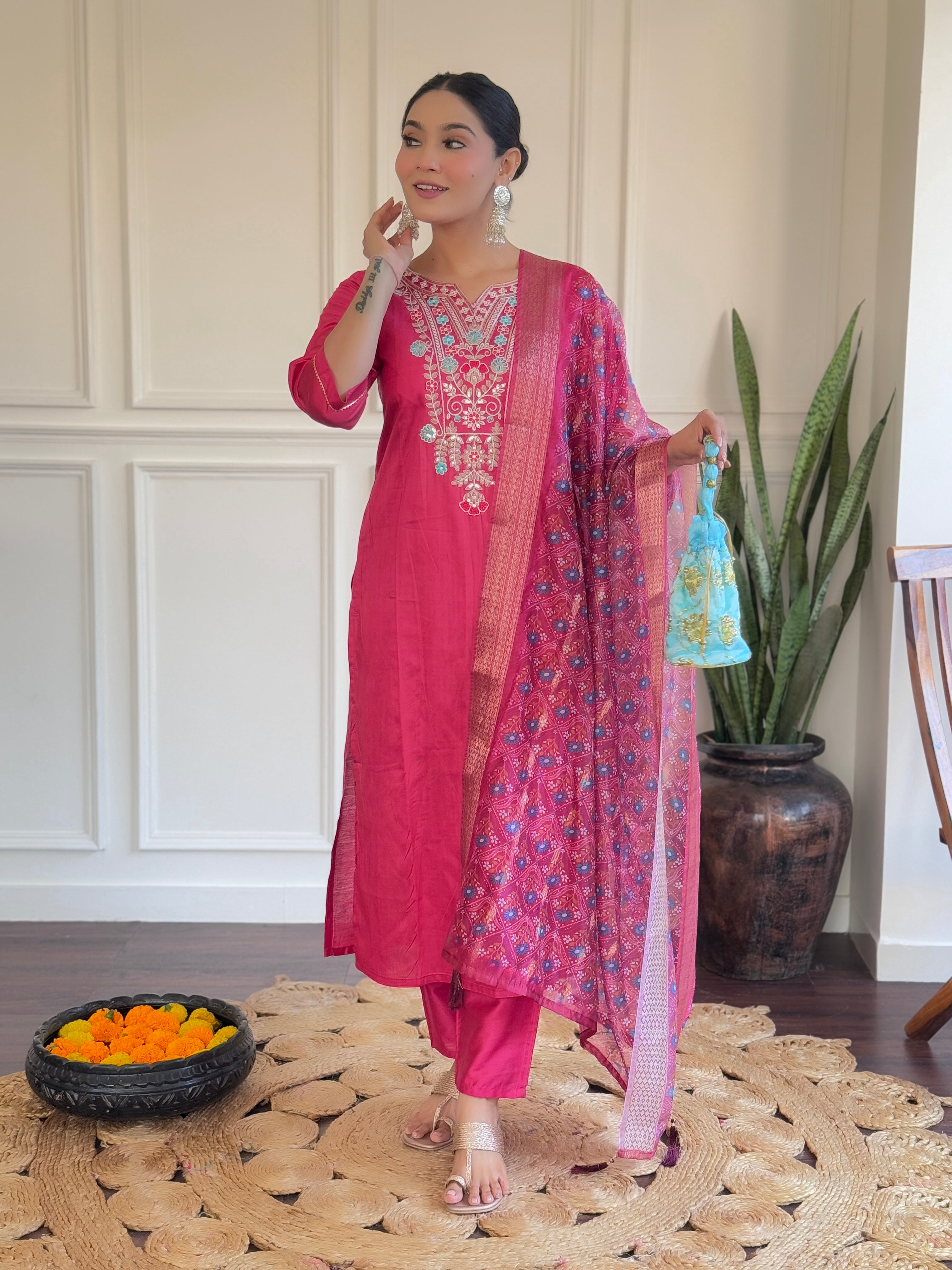 Pink Chanderi Embroidered Kurta
