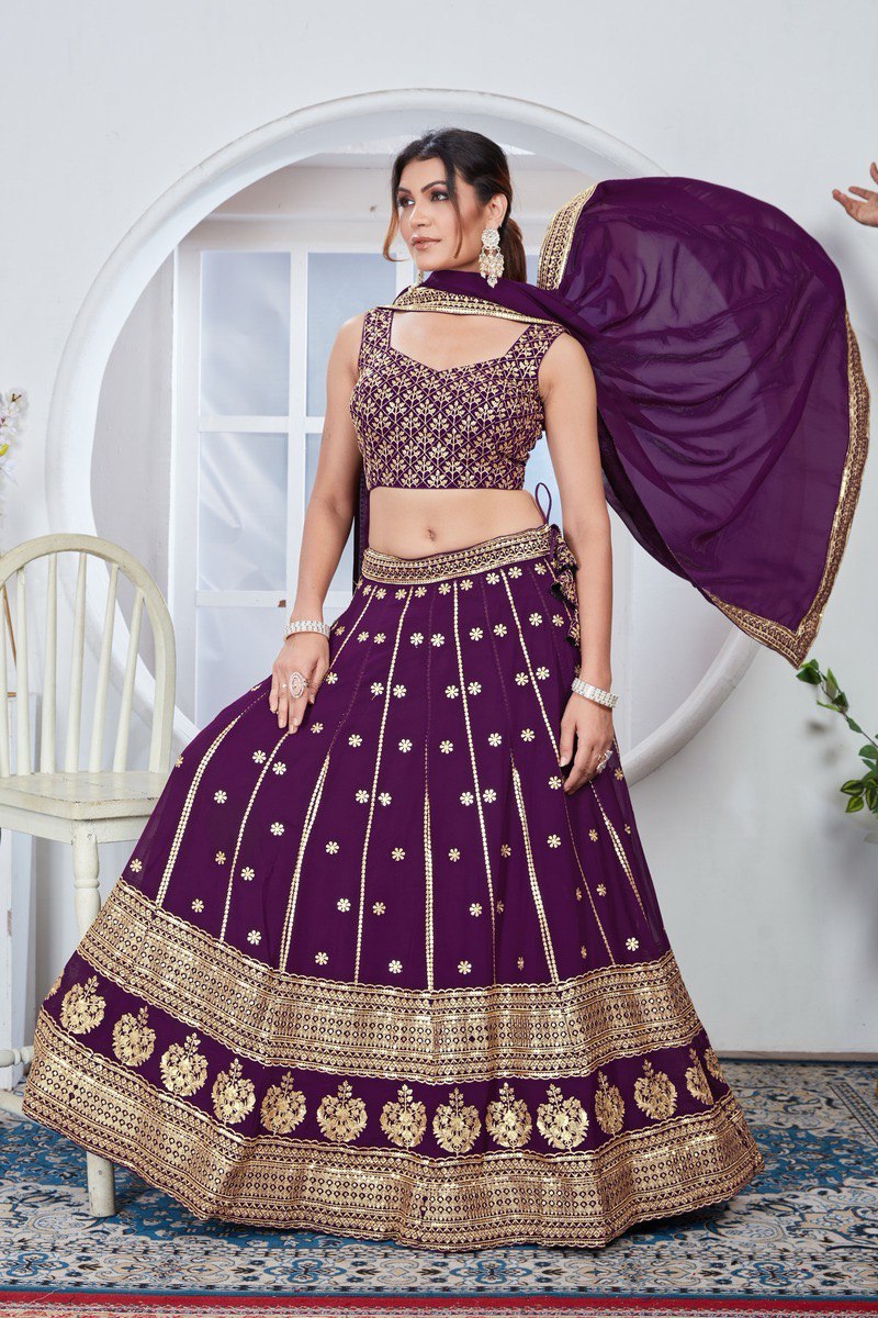 Wine Zari Work Floral Buta Lehenga