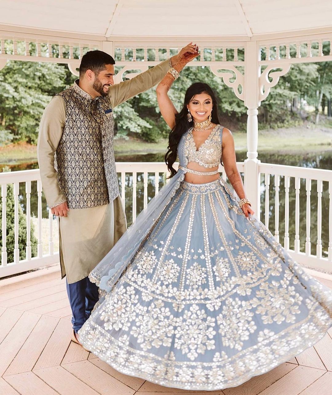 Powder Blue Zari Mirror Work Lehenga