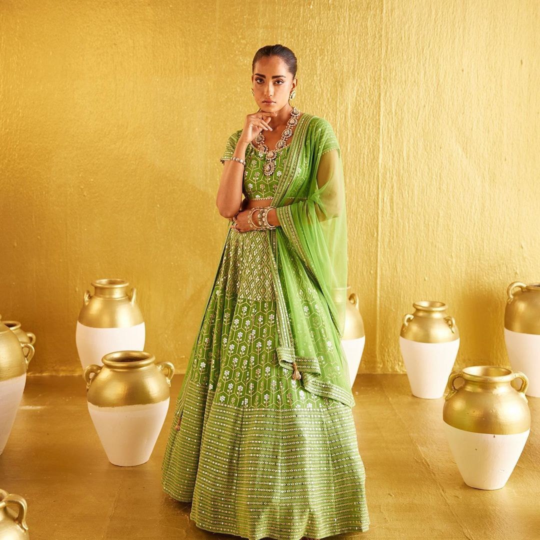 Bright Green Broad Border Lehenga