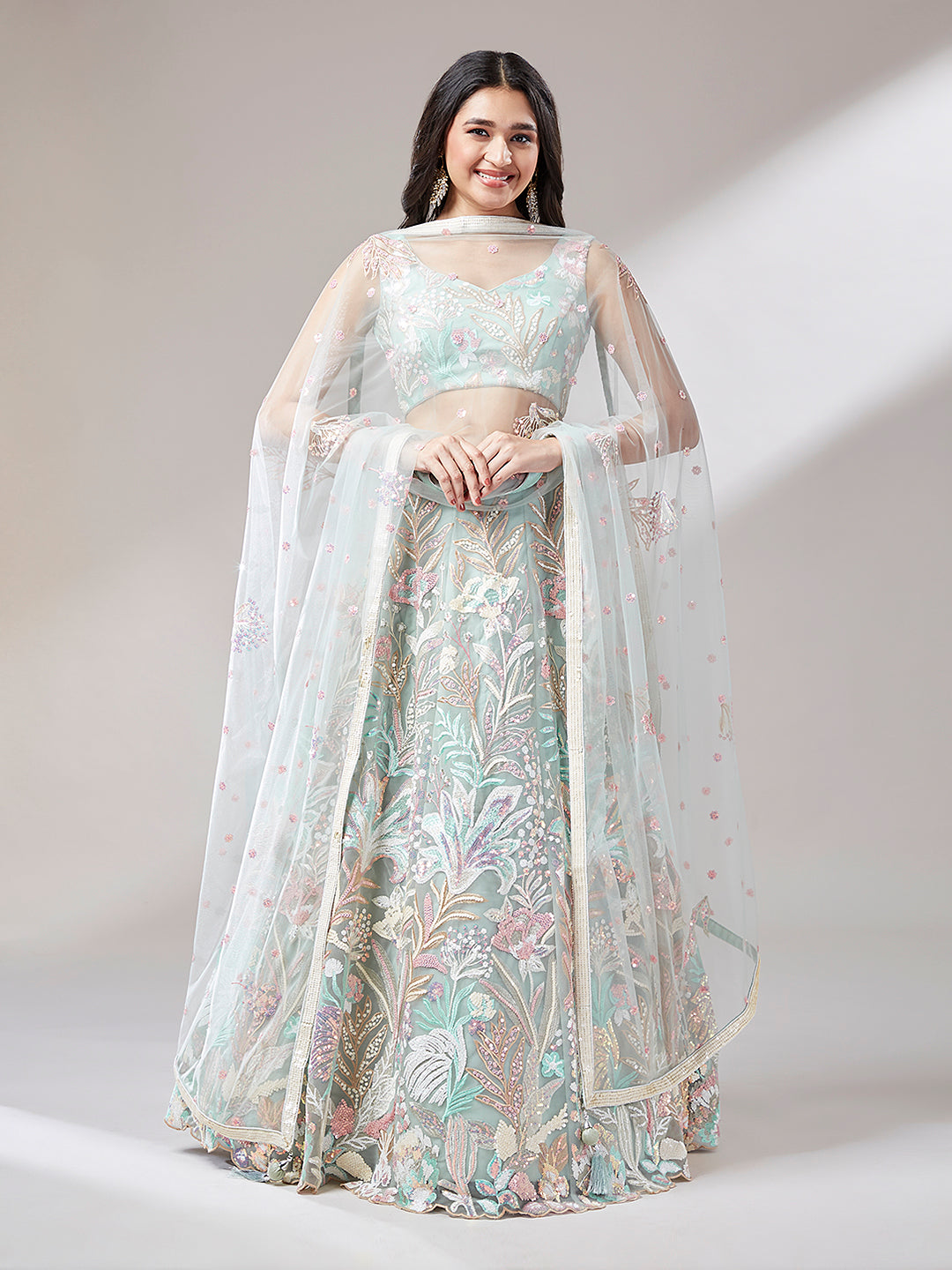 Lime Green Net Sequinse Work Lehenga Set