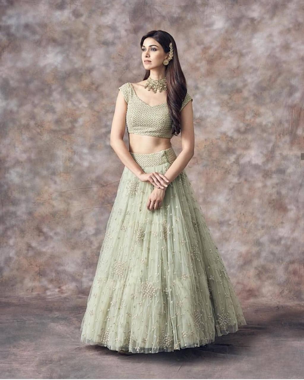 Light Green Sequin Work Mesh Lehenga