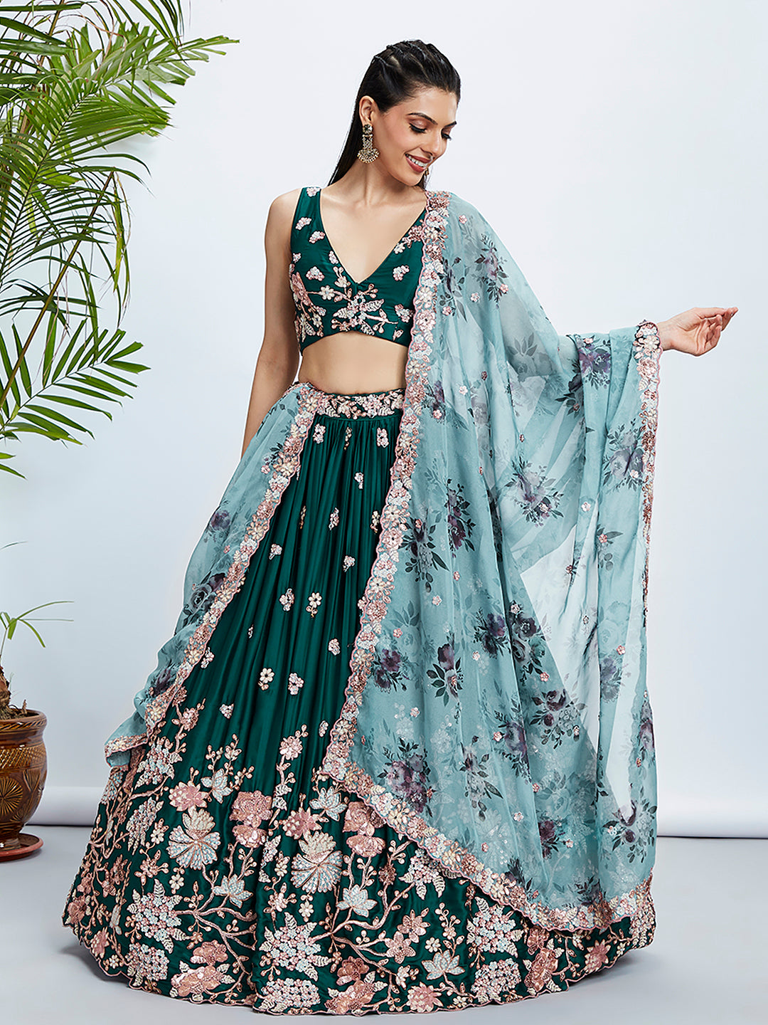 Green Pure Georgette Sequins and thread embroidery Lehenga Set