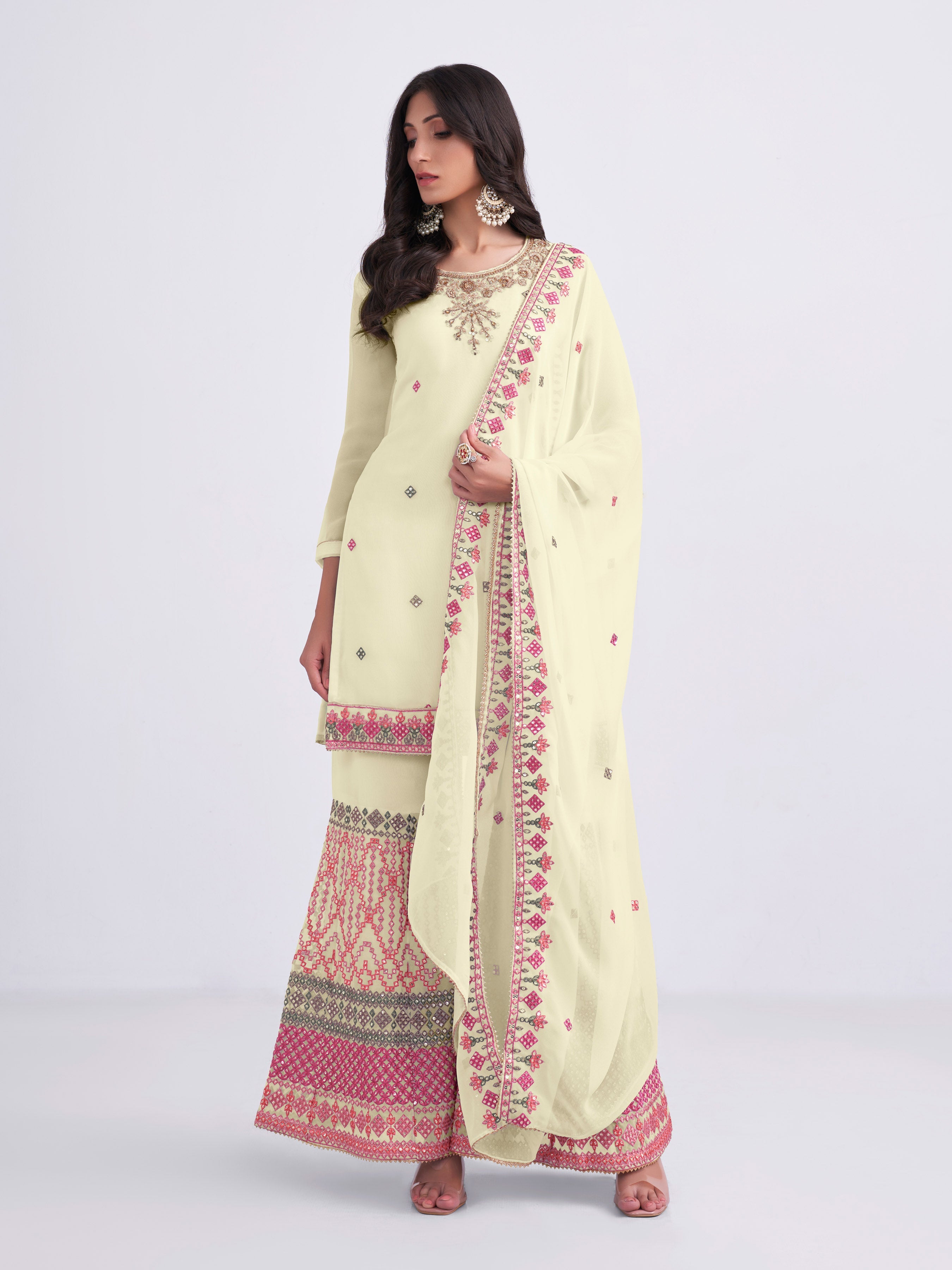 LightYellow Georgette Kurta Set With Beautifully Crafted With Multithread, Sequins & Zari Embroidery With Khatli Work On Neckline