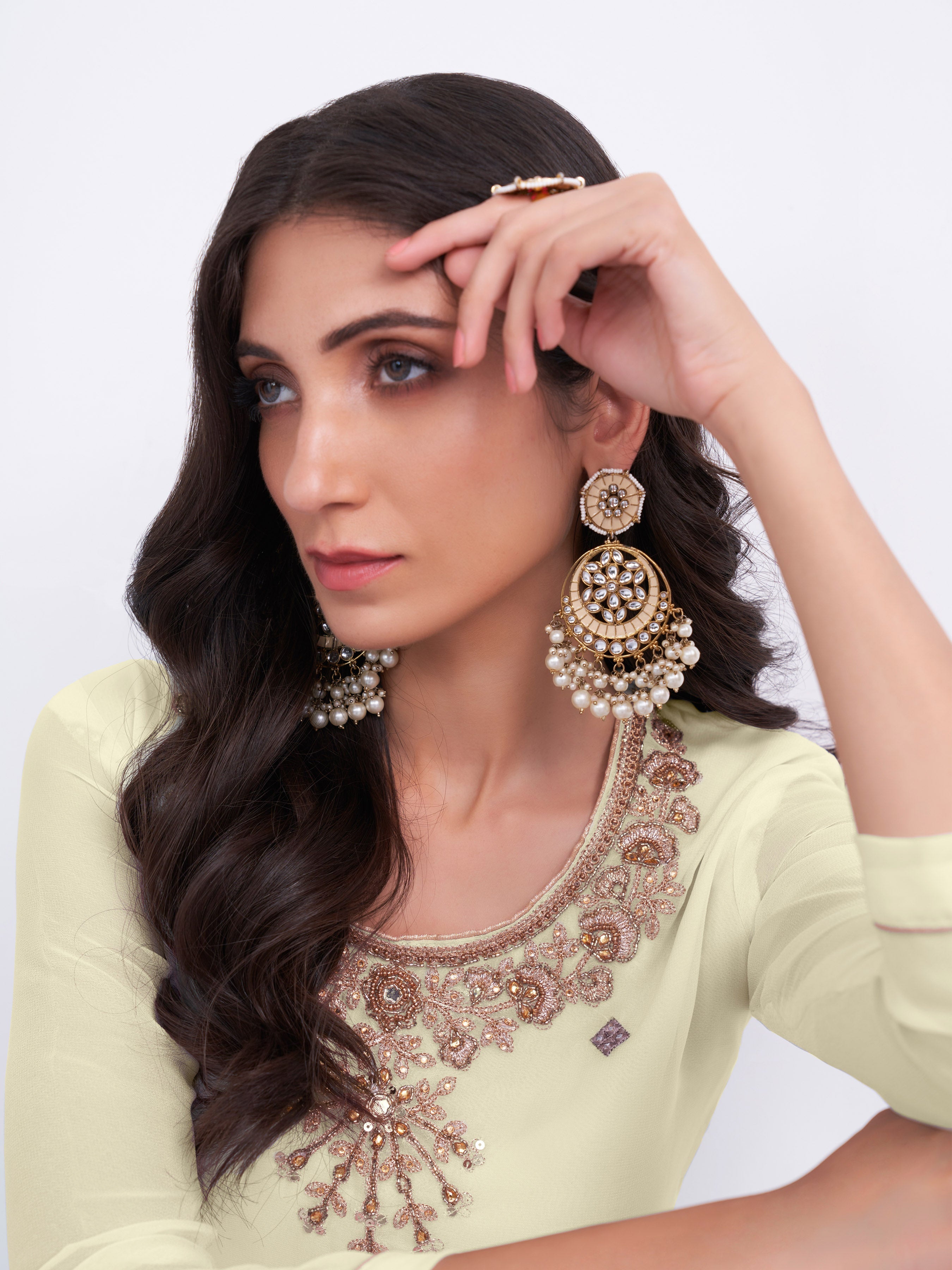 LightYellow Georgette Kurta Set With Beautifully Crafted With Multithread, Sequins & Zari Embroidery With Khatli Work On Neckline