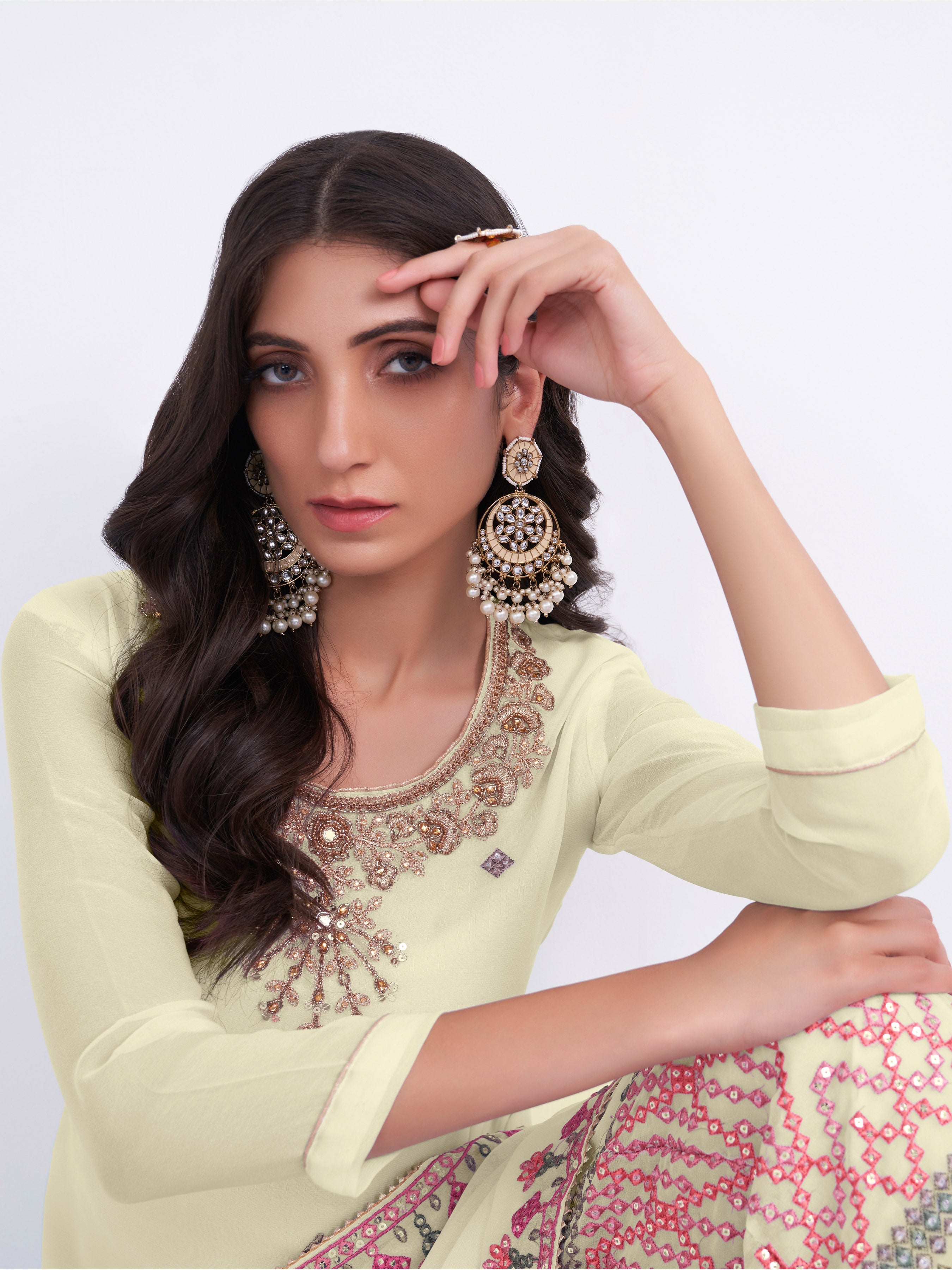 LightYellow Georgette Kurta Set With Beautifully Crafted With Multithread, Sequins & Zari Embroidery With Khatli Work On Neckline