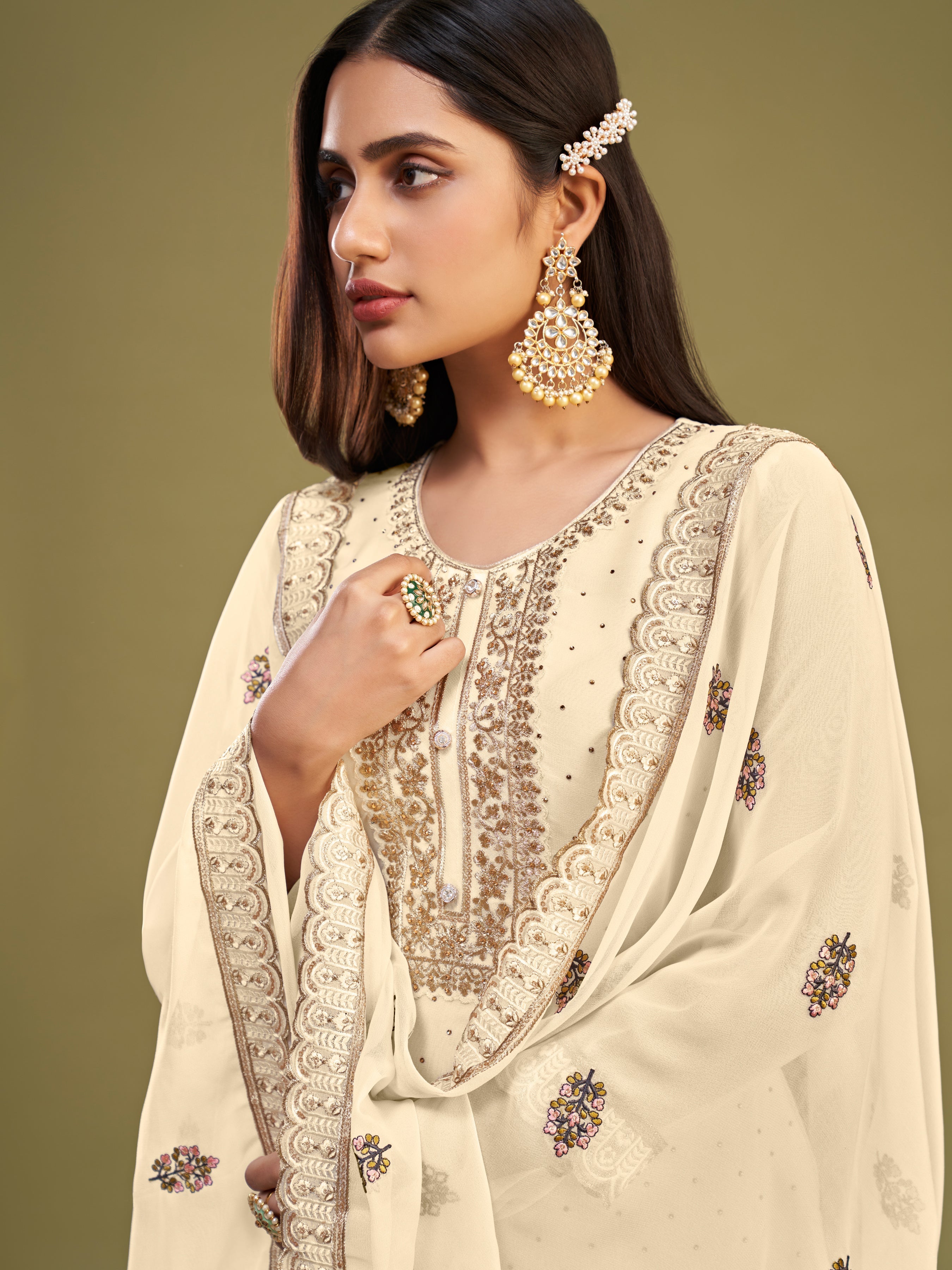 Offwhite Georgette Kurta Set With Multi Thread Embroidered With Swarovski Work
