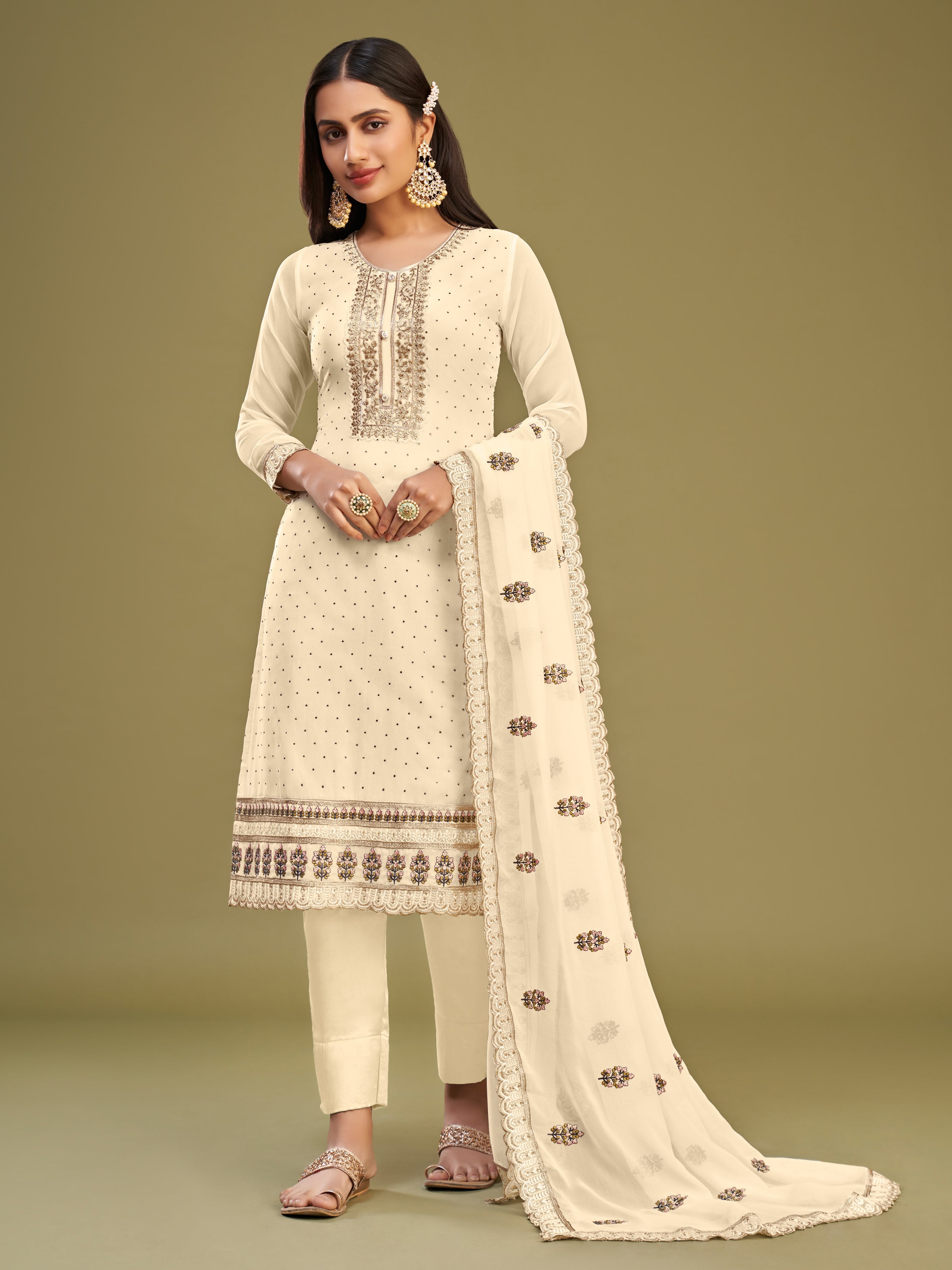 Offwhite Georgette Kurta Set With Multi Thread Embroidered With Swarovski Work