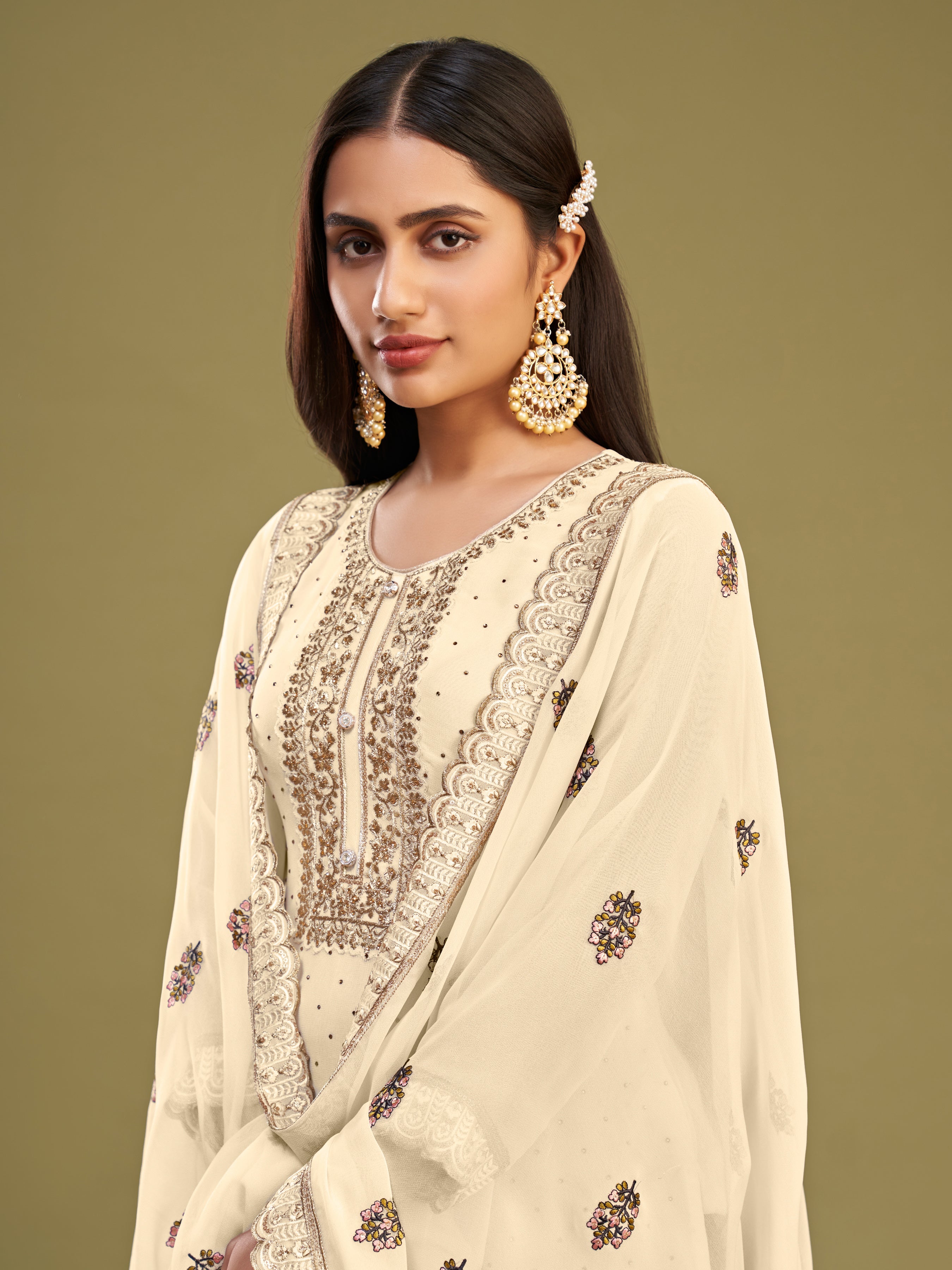 Offwhite Georgette Kurta Set With Multi Thread Embroidered With Swarovski Work