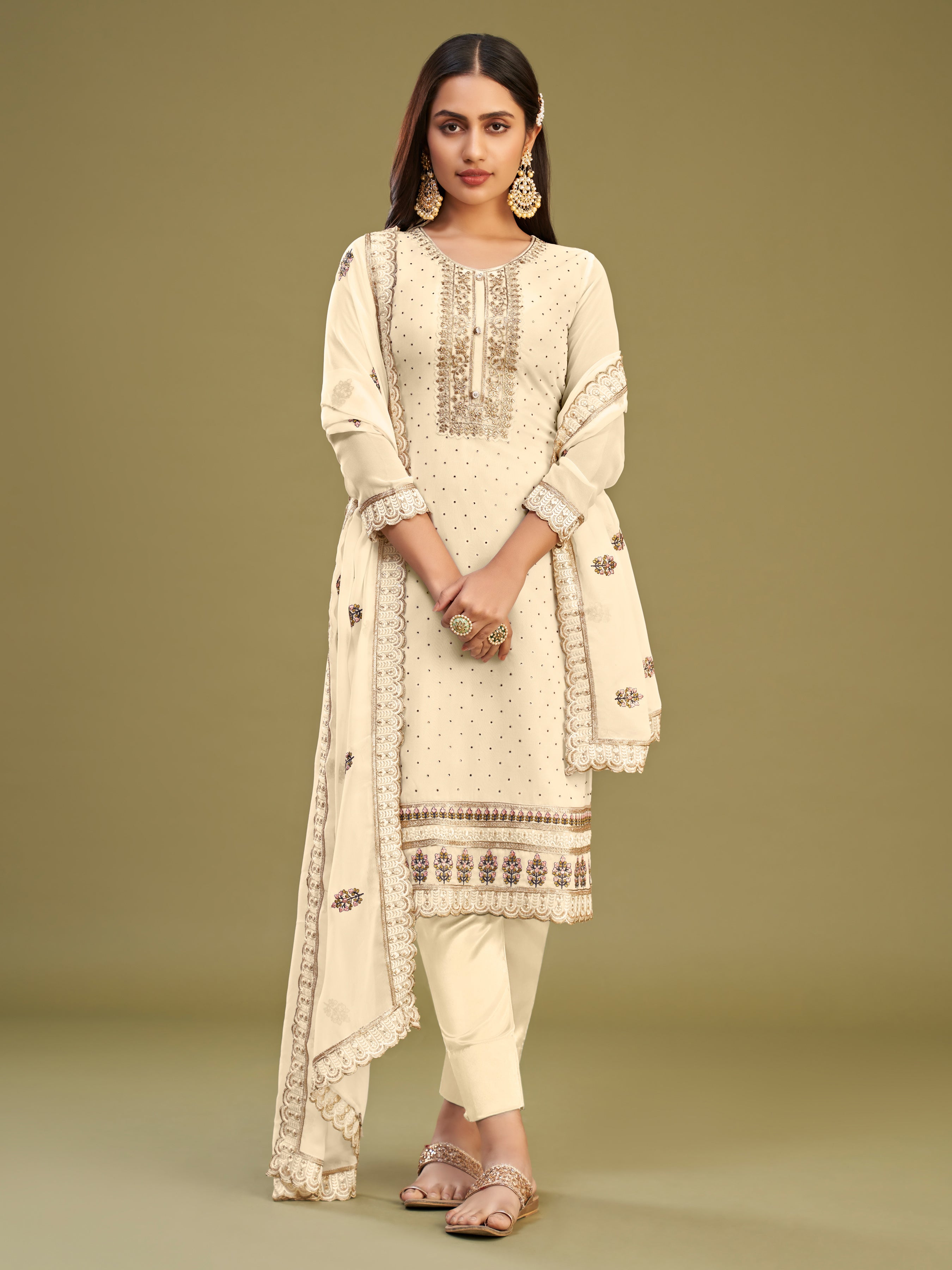 Offwhite Georgette Kurta Set With Multi Thread Embroidered With Swarovski Work