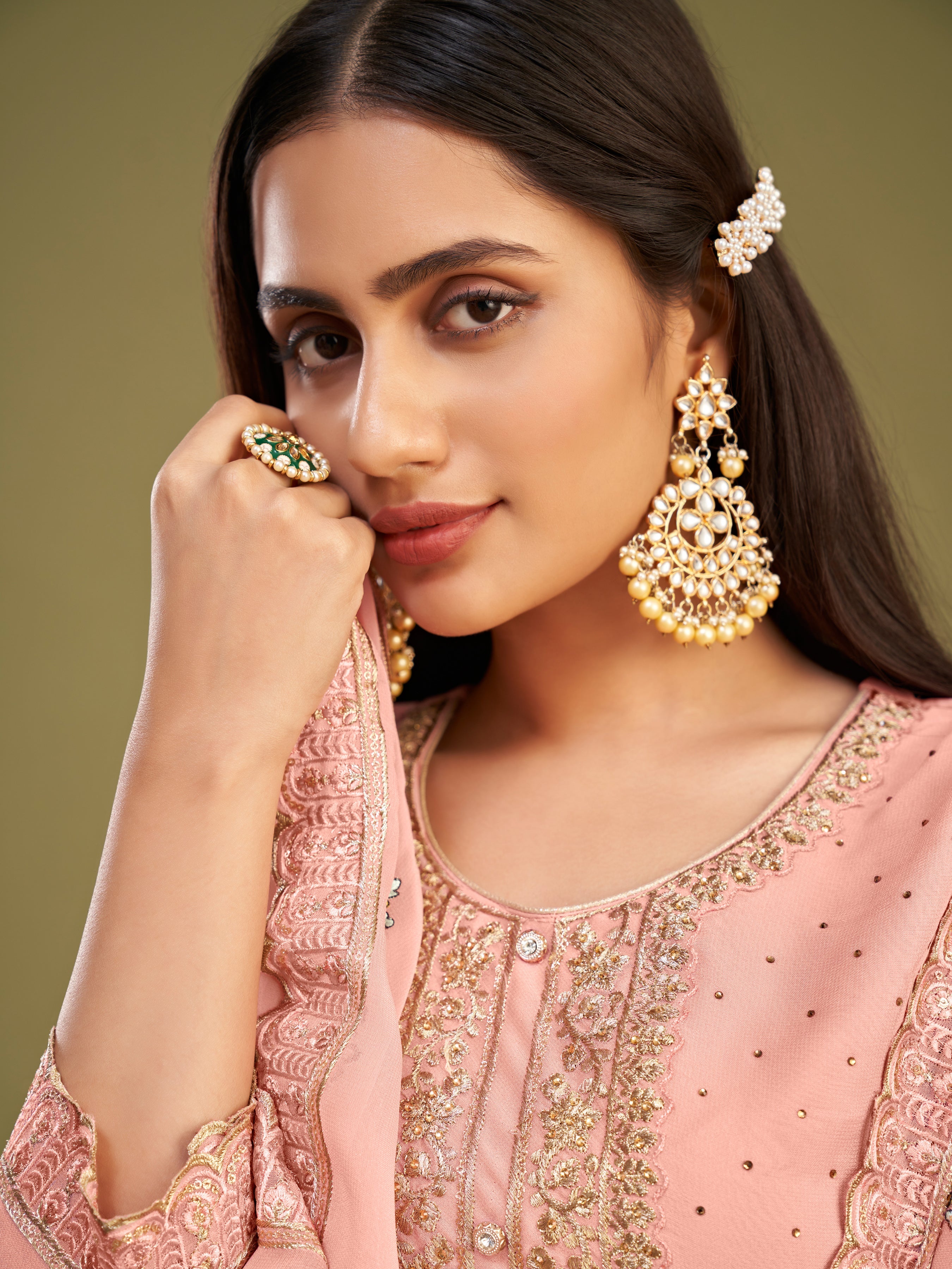 Gajri Georgette Kurta Set With Multi Thread Embroidered With Swarovski Work