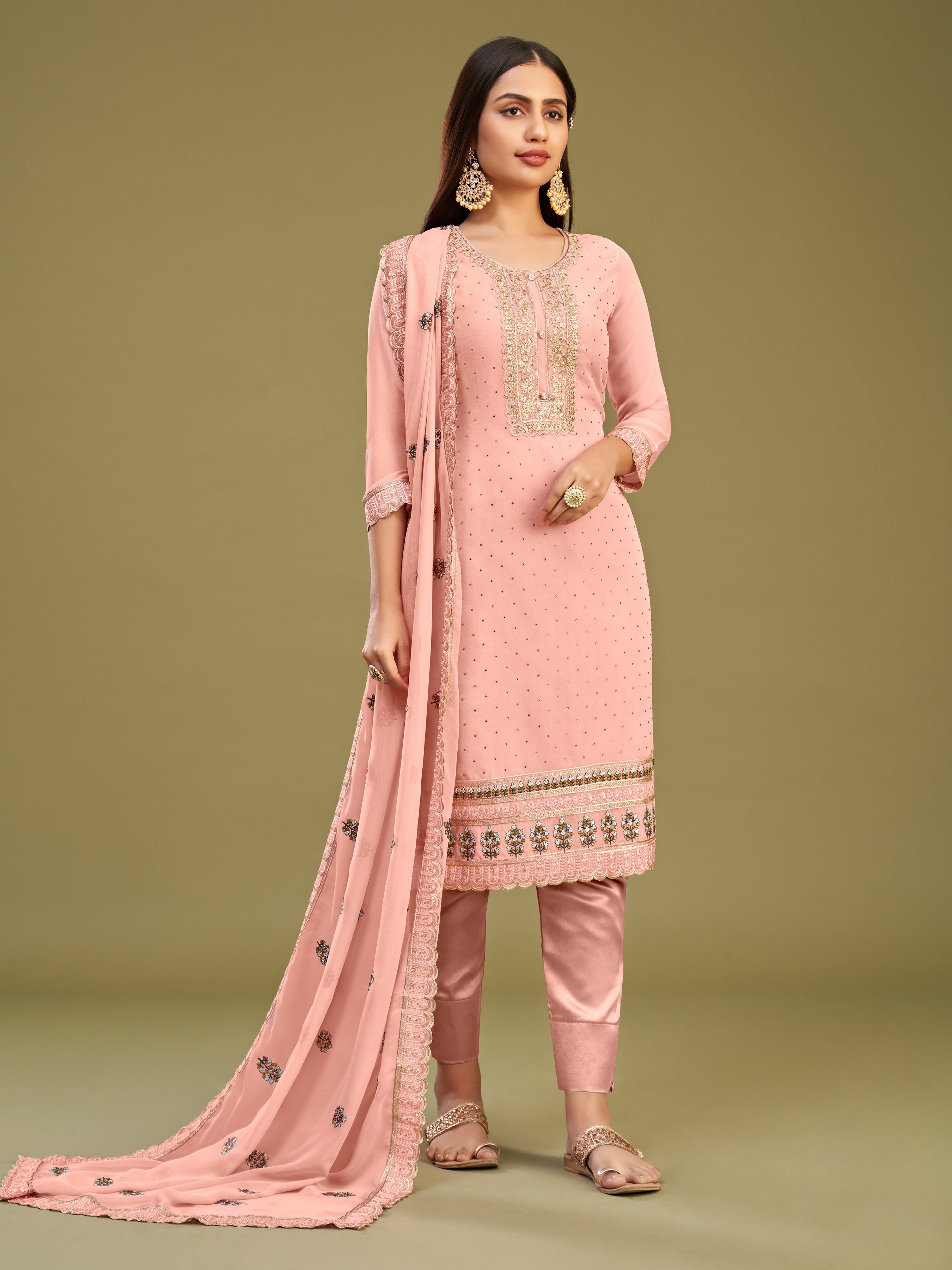 Gajri Georgette Kurta Set With Multi Thread Embroidered With Swarovski Work