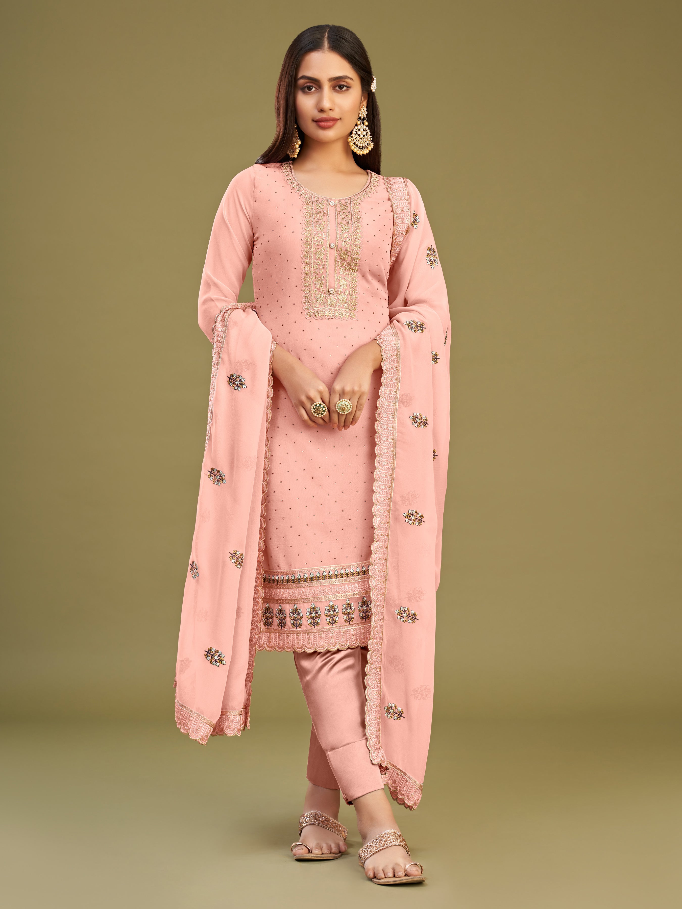 Gajri Georgette Kurta Set With Multi Thread Embroidered With Swarovski Work