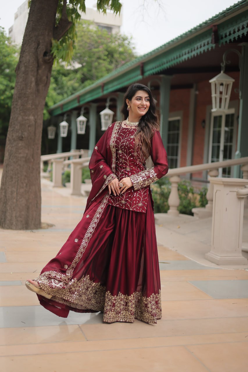 Maroon Jaal Embroidered Kurta Set