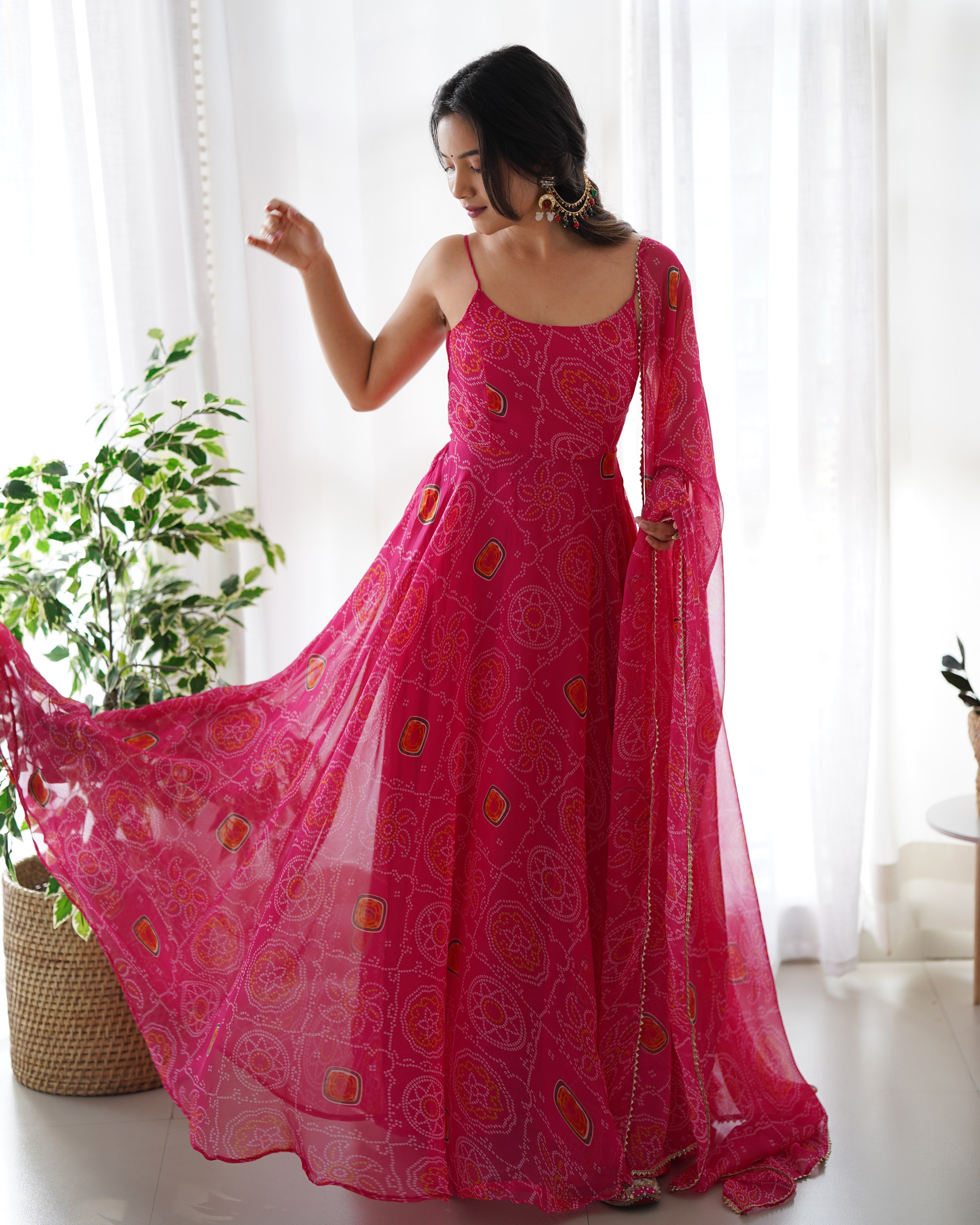 Pink Soft Lightweight Chiffon Bandhej Kurta Set With Bandhej