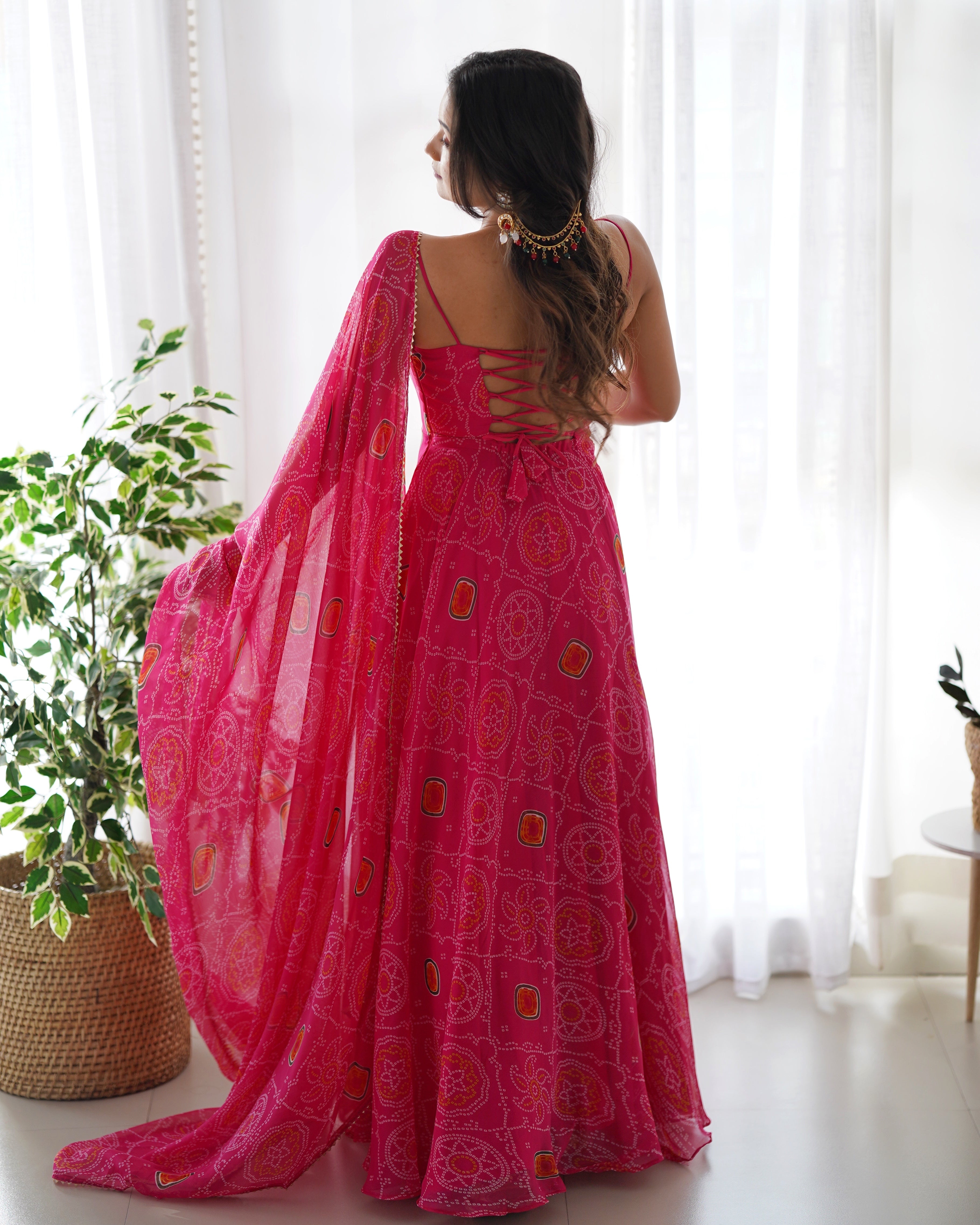 Pink Soft Lightweight Chiffon Bandhej Kurta Set With Bandhej
