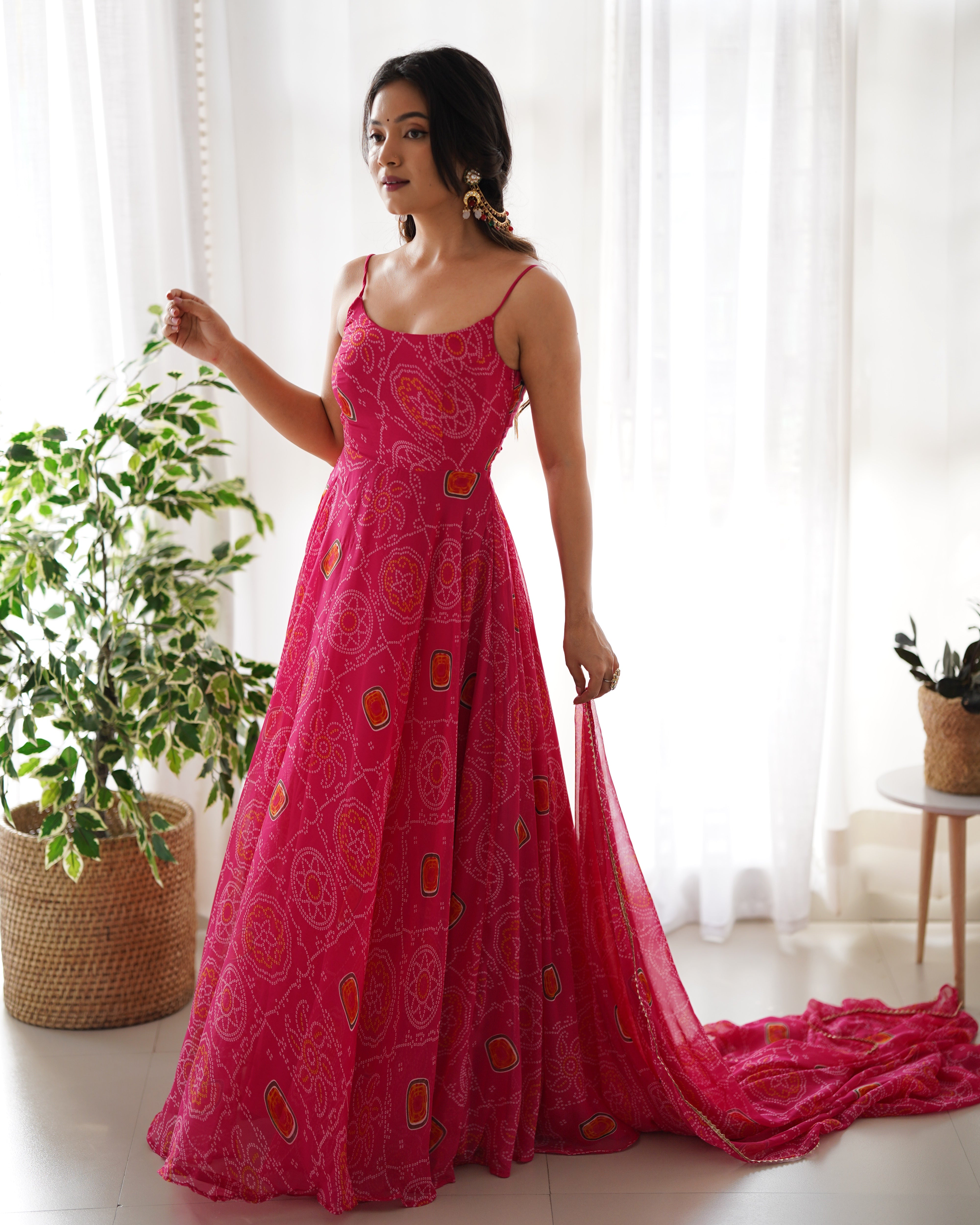 Pink Soft Lightweight Chiffon Bandhej Kurta Set With Bandhej
