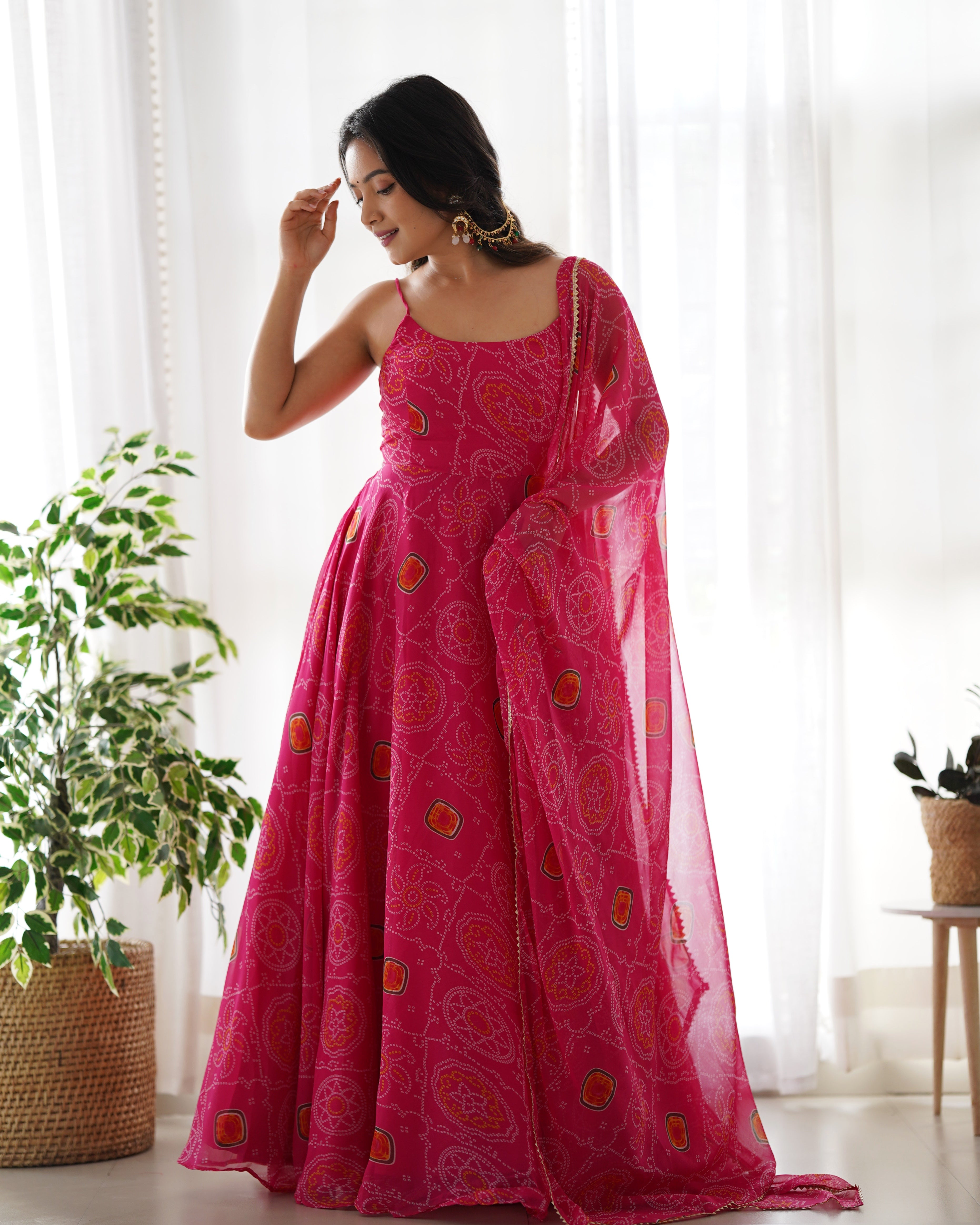 Pink Soft Lightweight Chiffon Bandhej Kurta Set With Bandhej
