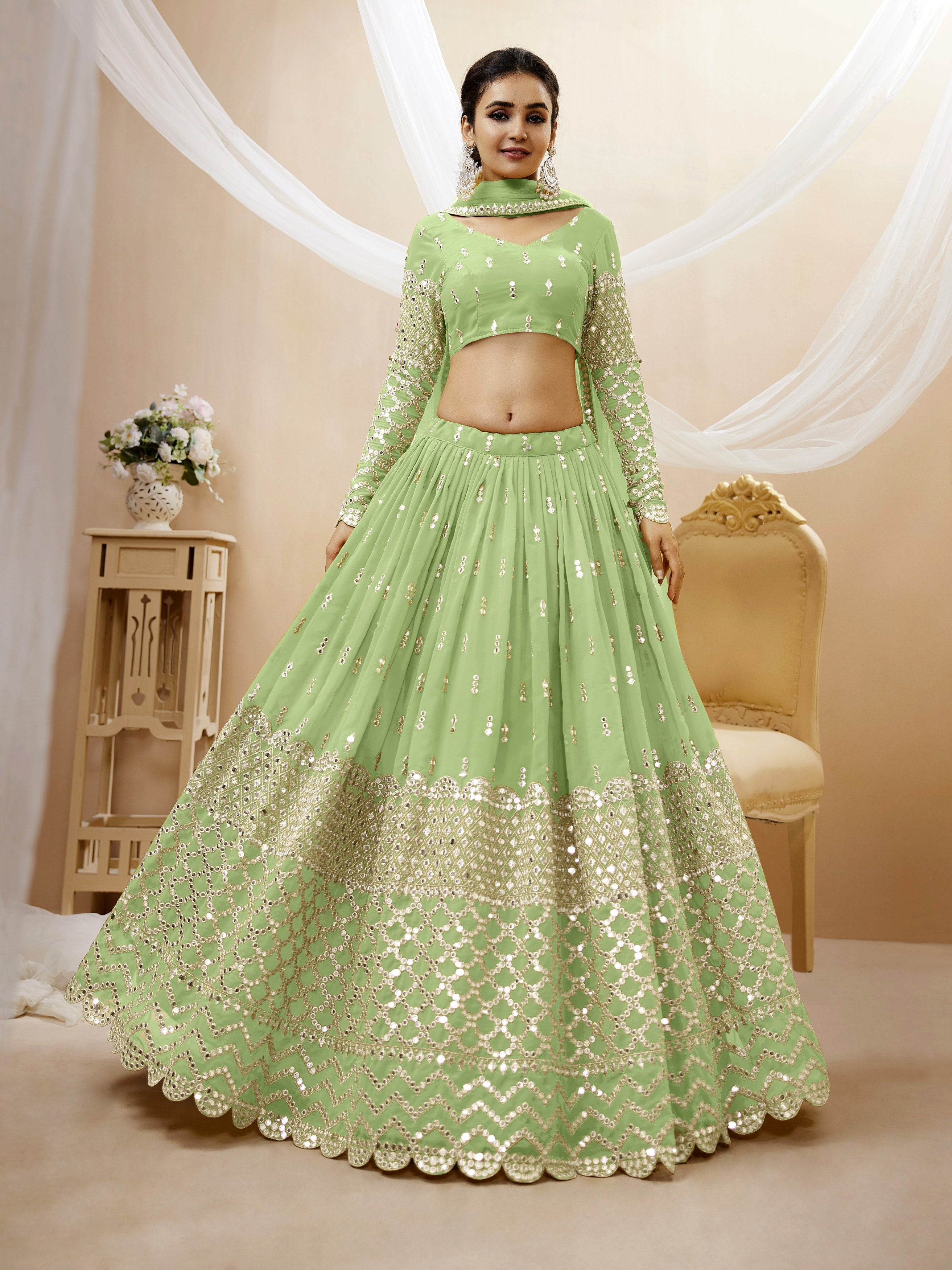 Pista Green Women's Georgette Embroidery Lehenga Choli