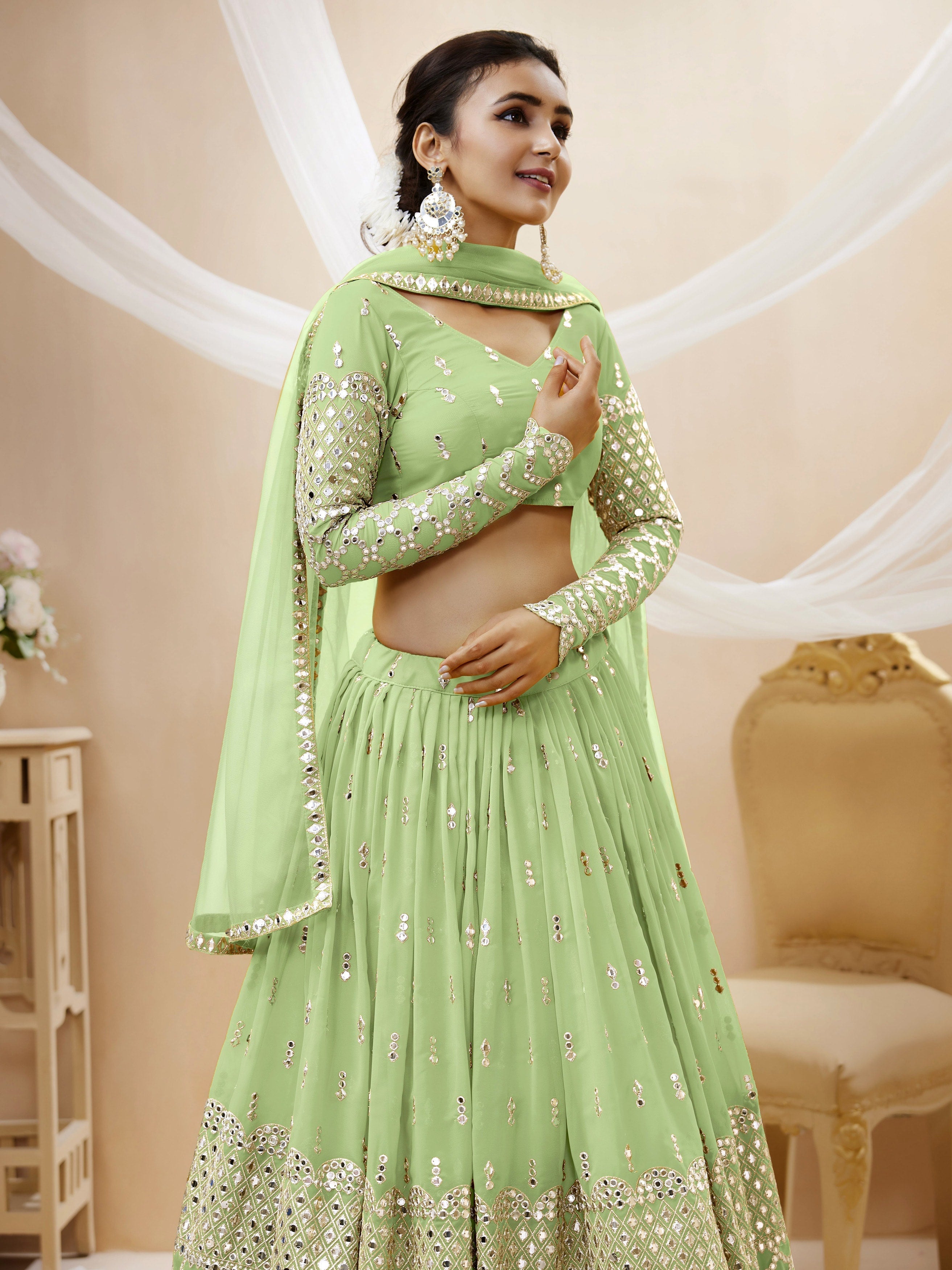 Pista Green Women's Georgette Embroidery Lehenga Choli