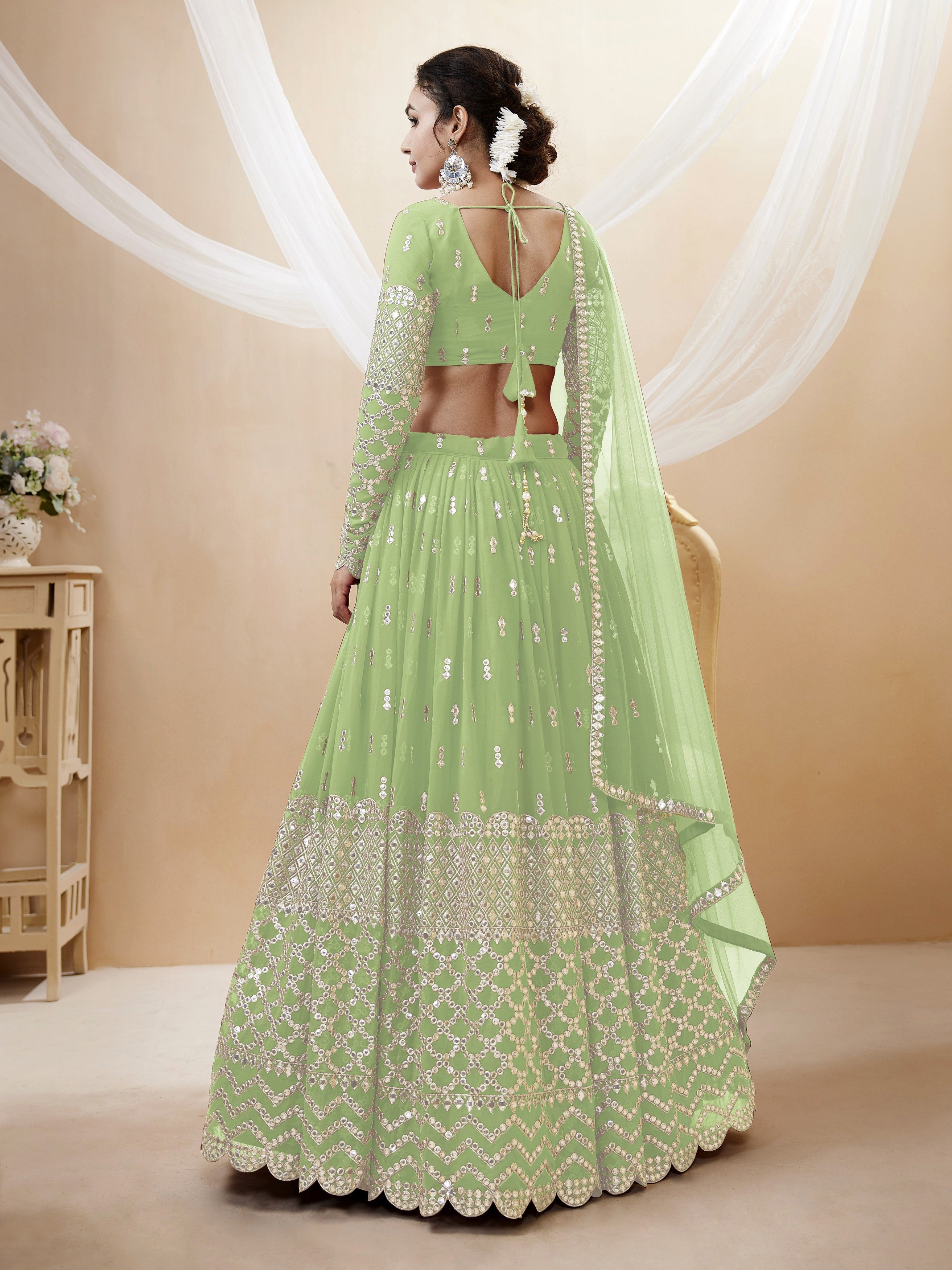 Pista Green Women's Georgette Embroidery Lehenga Choli