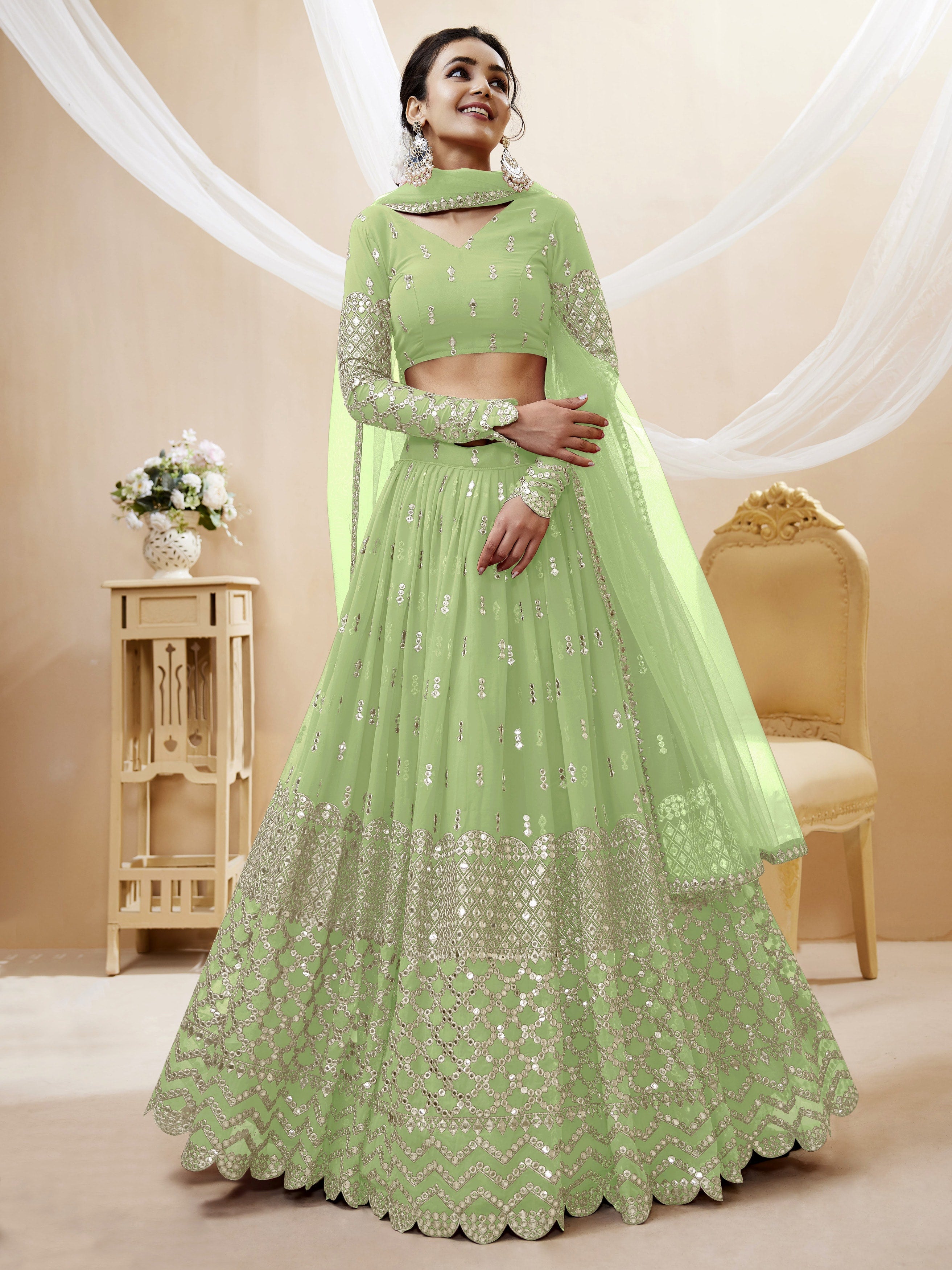 Pista Green Women's Georgette Embroidery Lehenga Choli