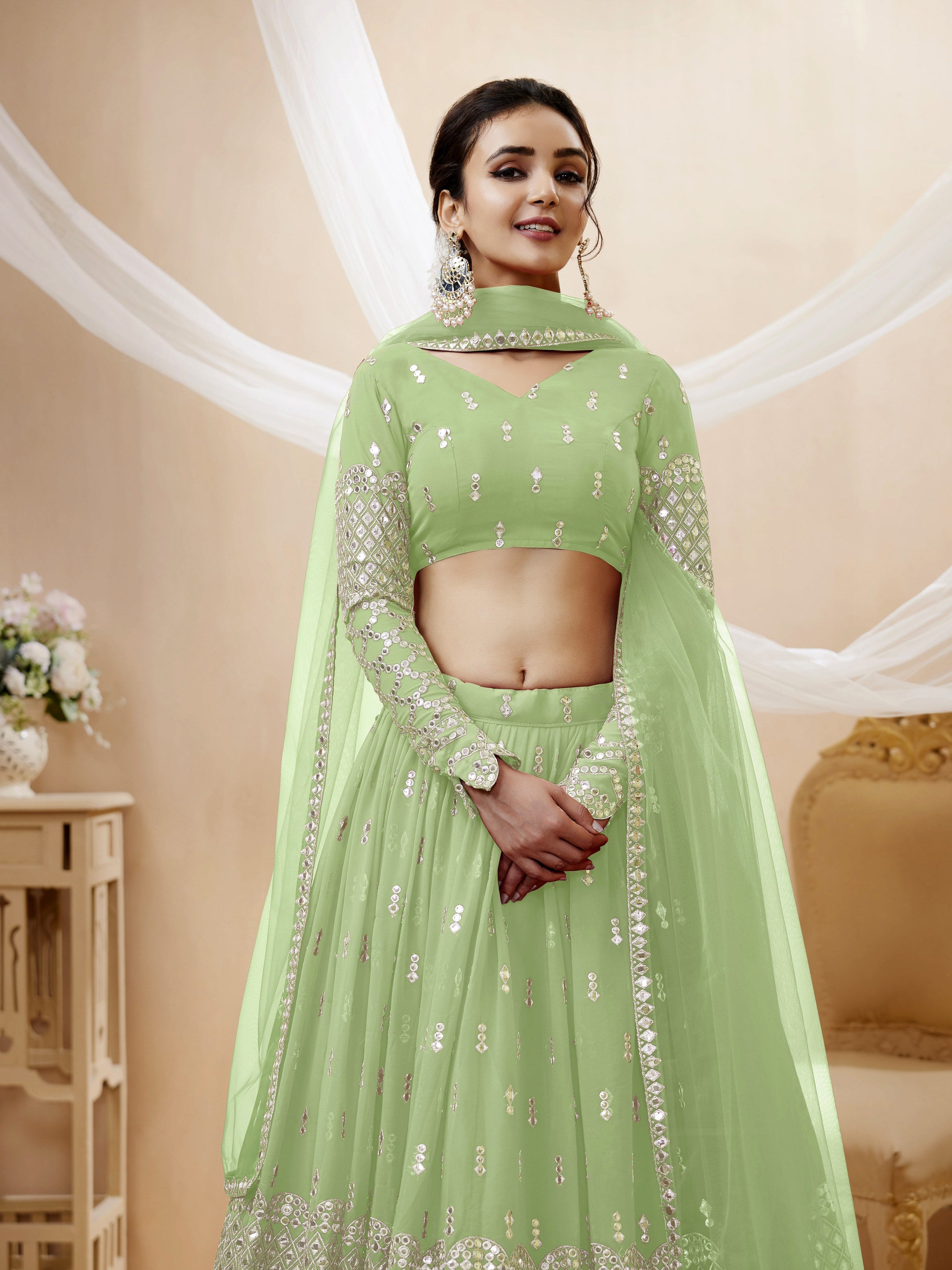 Pista Green Women's Georgette Embroidery Lehenga Choli