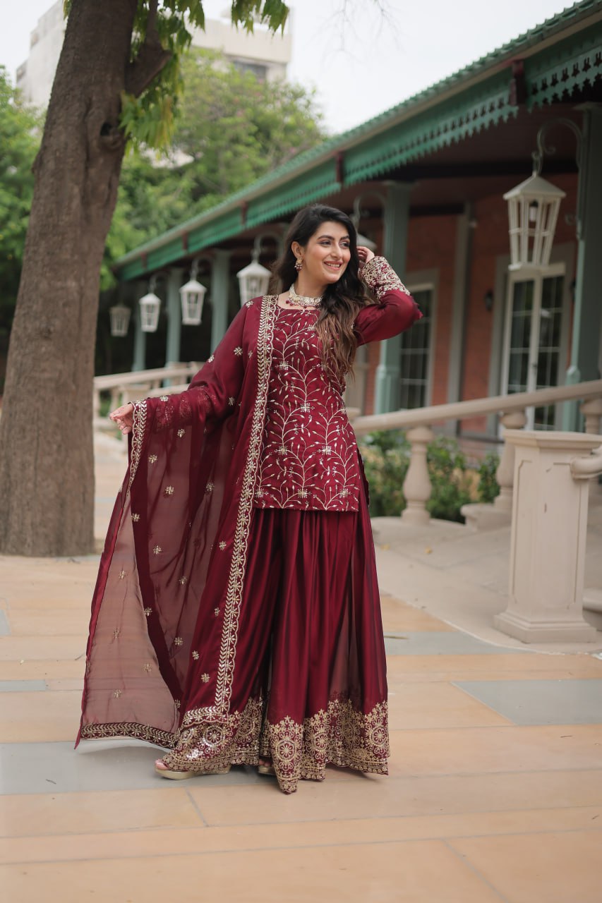 Maroon Jaal Embroidered Kurta Set