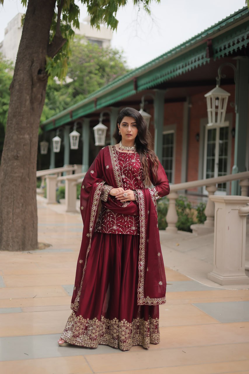 Maroon Jaal Embroidered Kurta Set