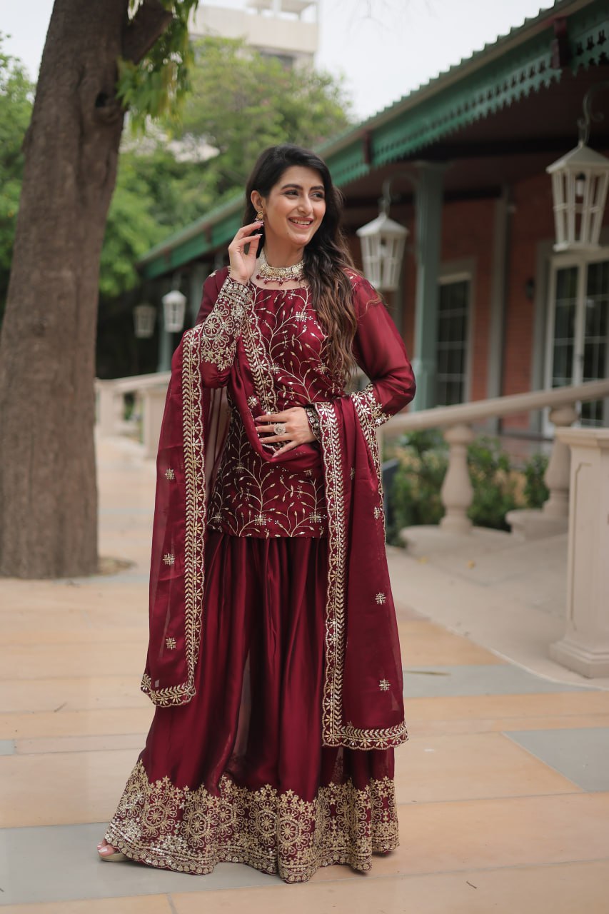 Maroon Jaal Embroidered Kurta Set