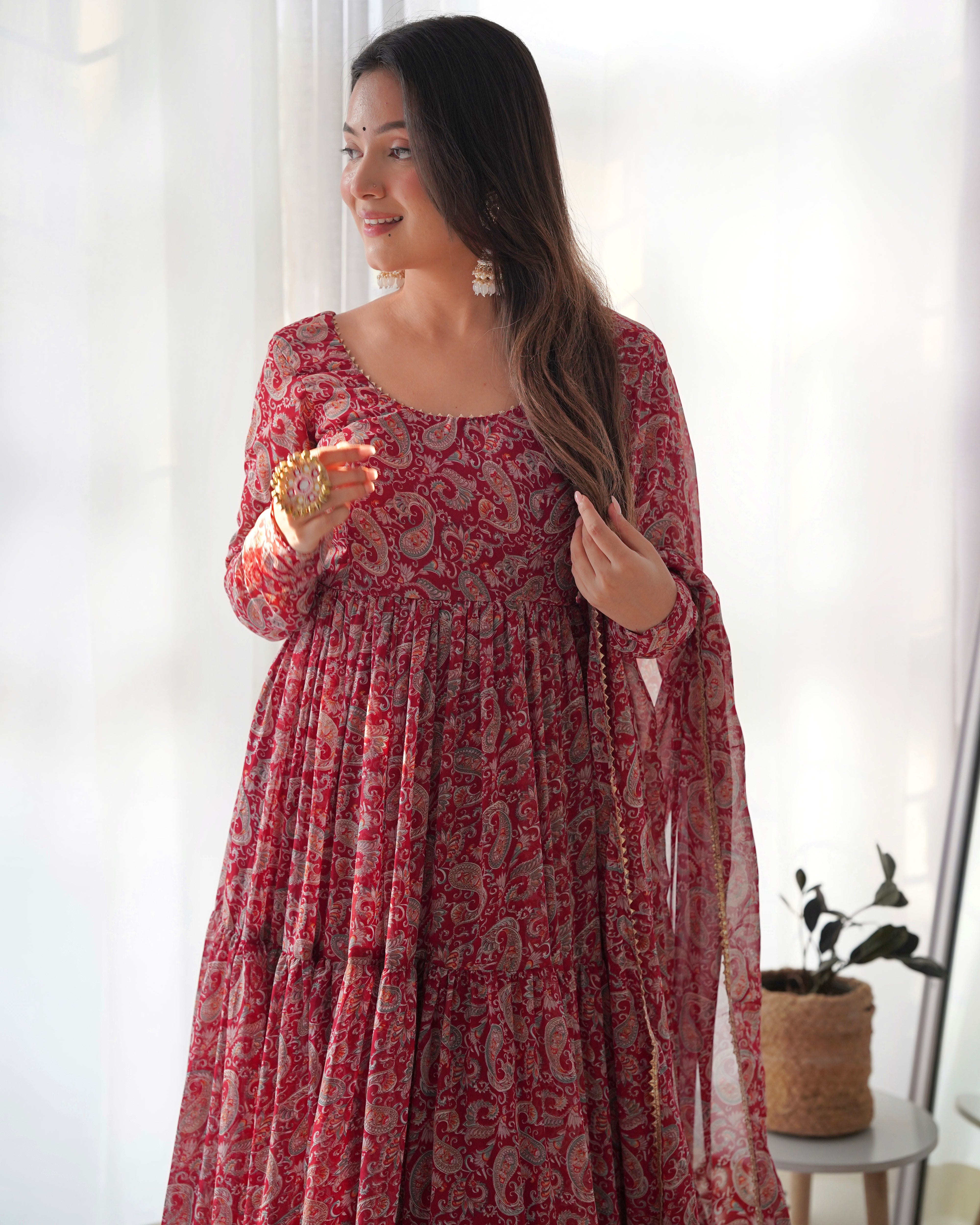 Maroon Pure Soft Fox Georgette Kurta Set With Kalamkari Print