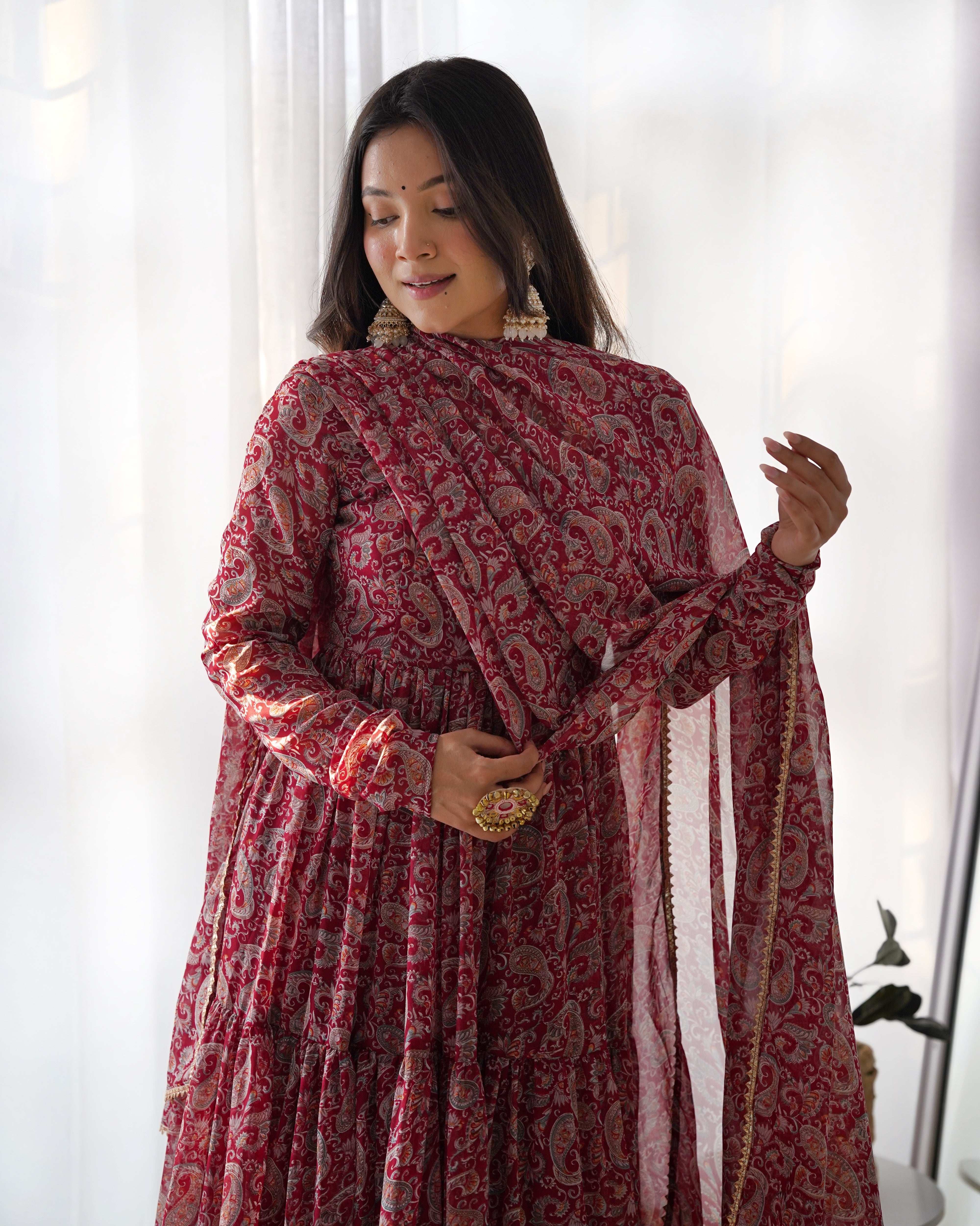 Maroon Pure Soft Fox Georgette Kurta Set With Kalamkari Print
