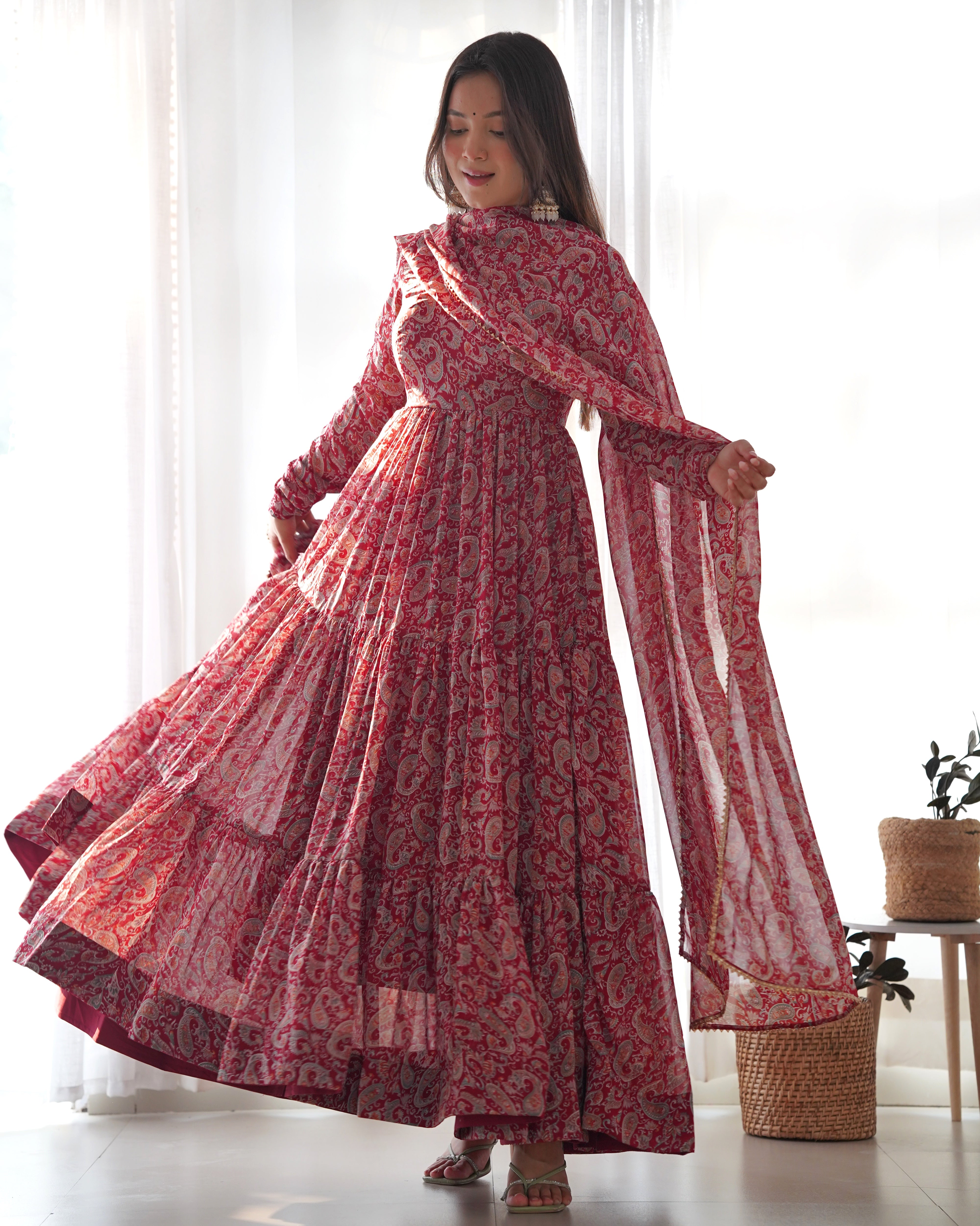 Maroon Pure Soft Fox Georgette Kurta Set With Kalamkari Print